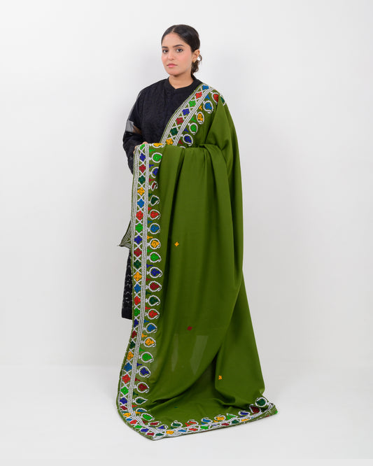 Woman holding a green hurmich embroidery shawl with black kurti on a white background