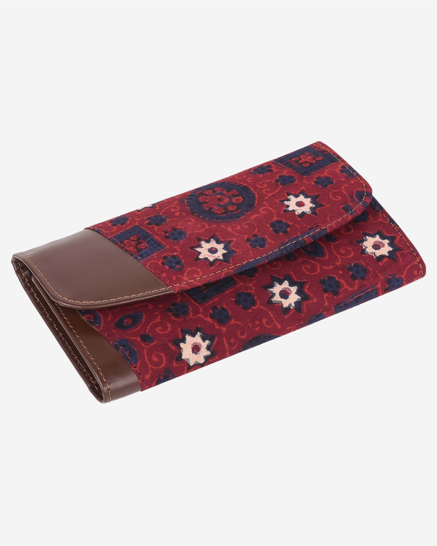 Ajrak-Block Print Leather Clutch - Brown