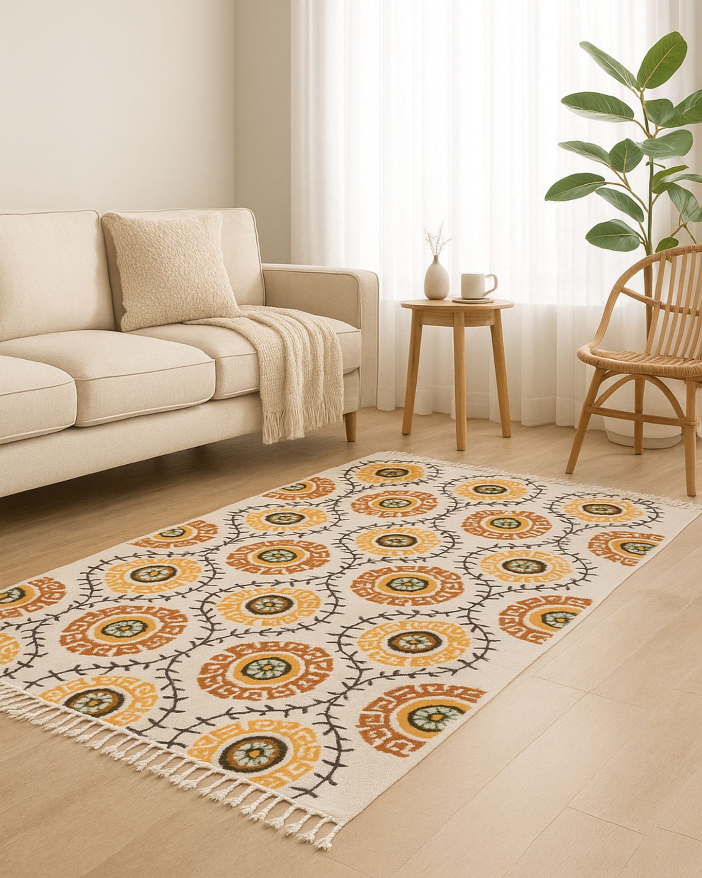 Decorative rug with geometric pattern in a living room setting