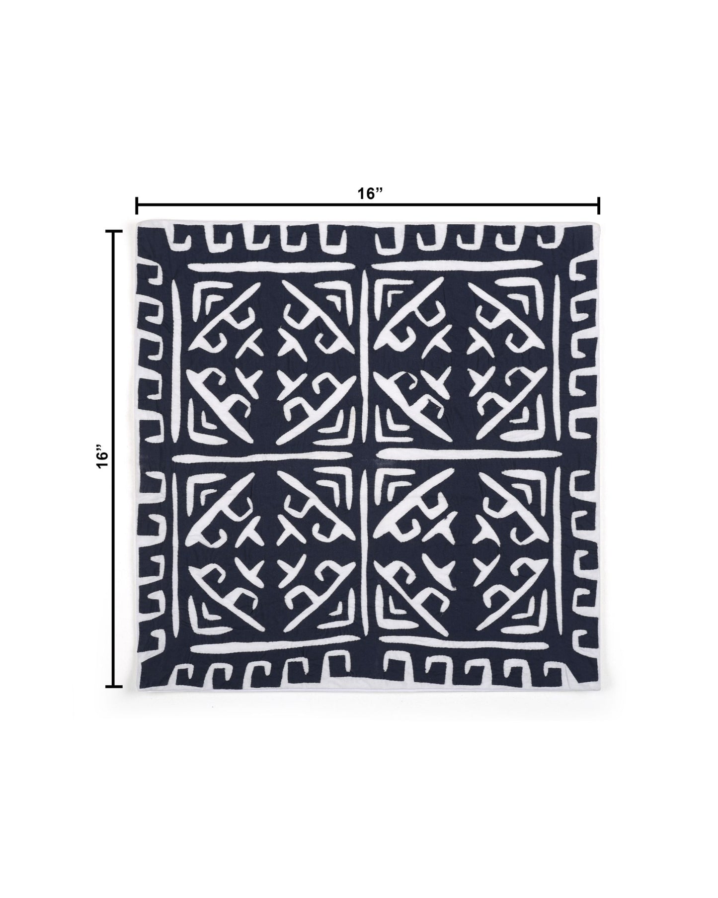 Navy blue fabric with white geometric pattern and measurements on a white background