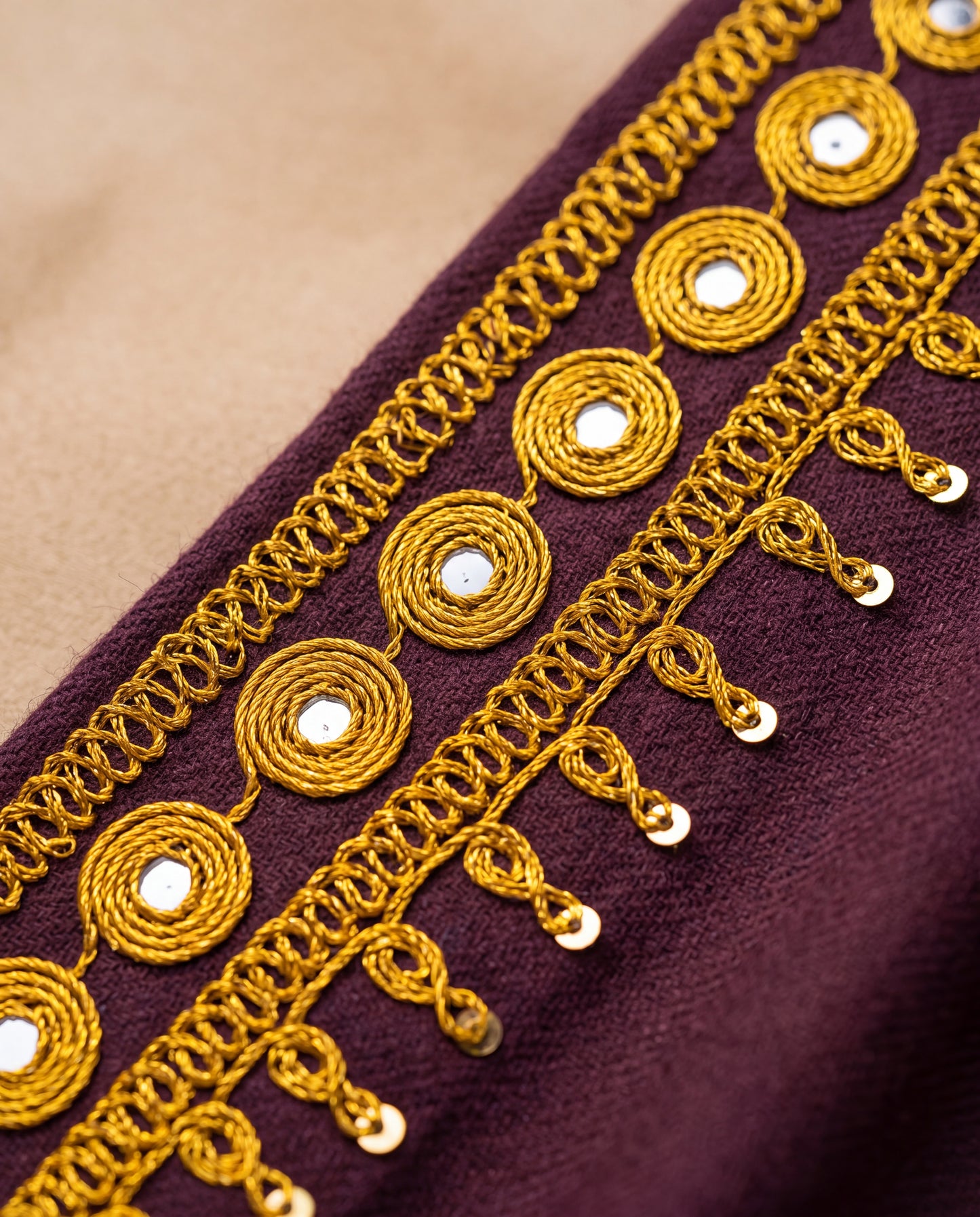 Deep Plum Hand Embroidered Muka Craft Woolen Shawl