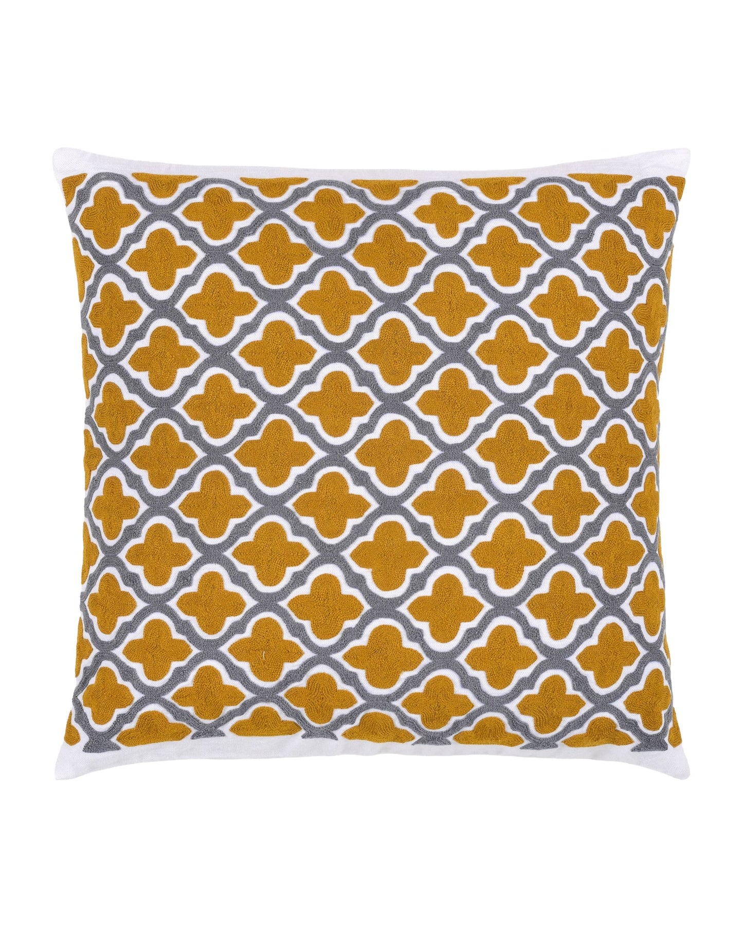 Decorative pillow with yellow and gray pattern on a gray sofa
