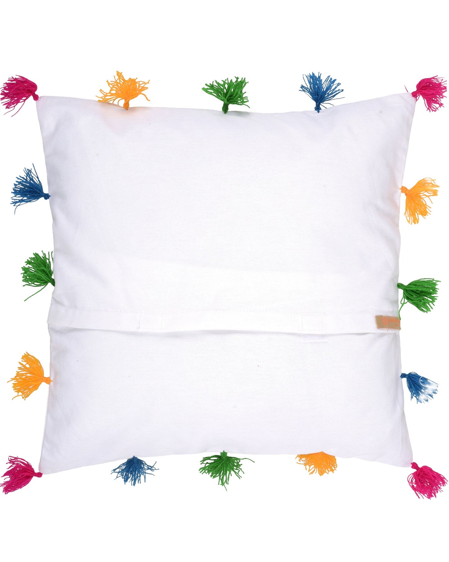 White pillow with colorful tassels on a white background