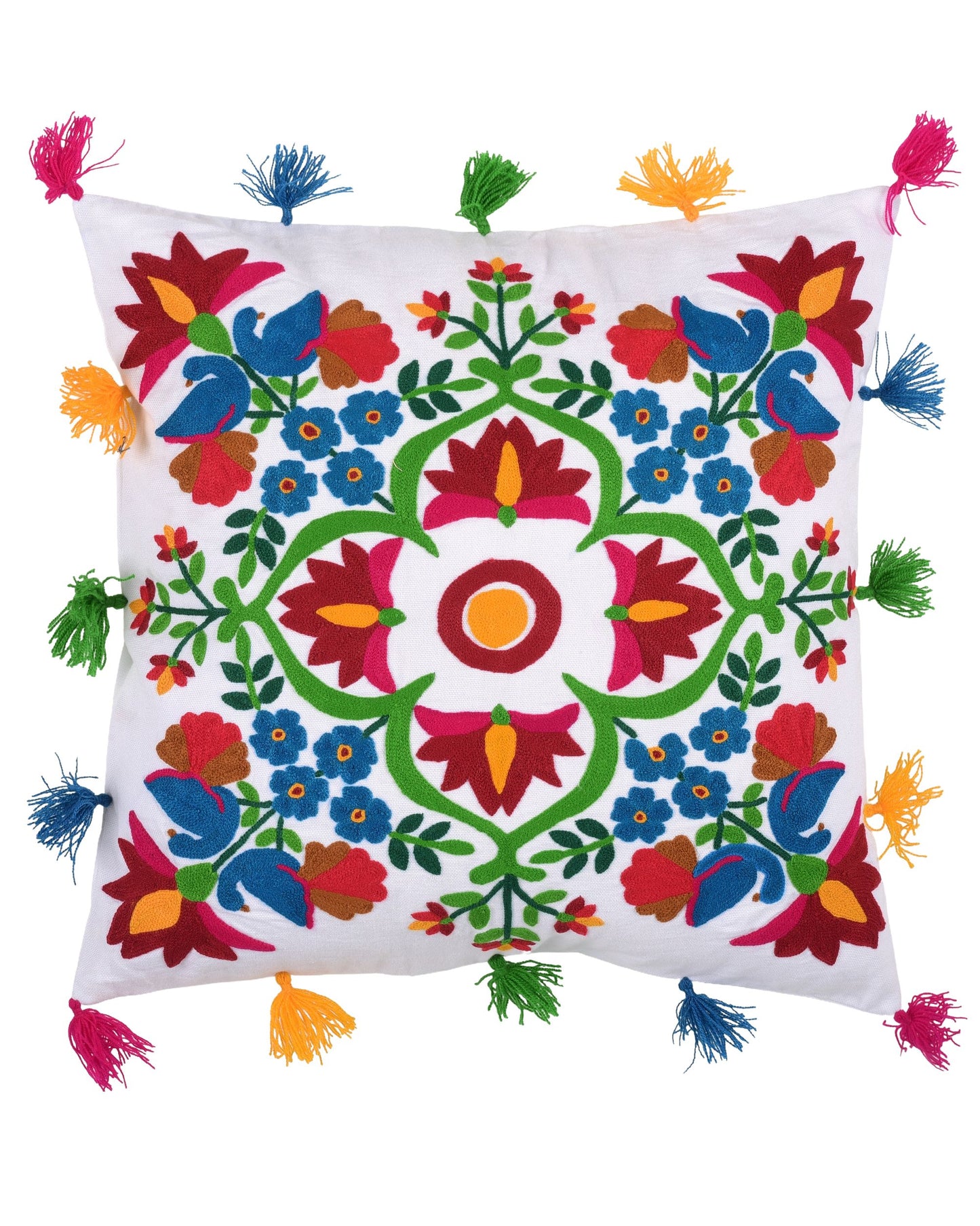 Decorative pillow with colorful floral patterns and tassels on a white background