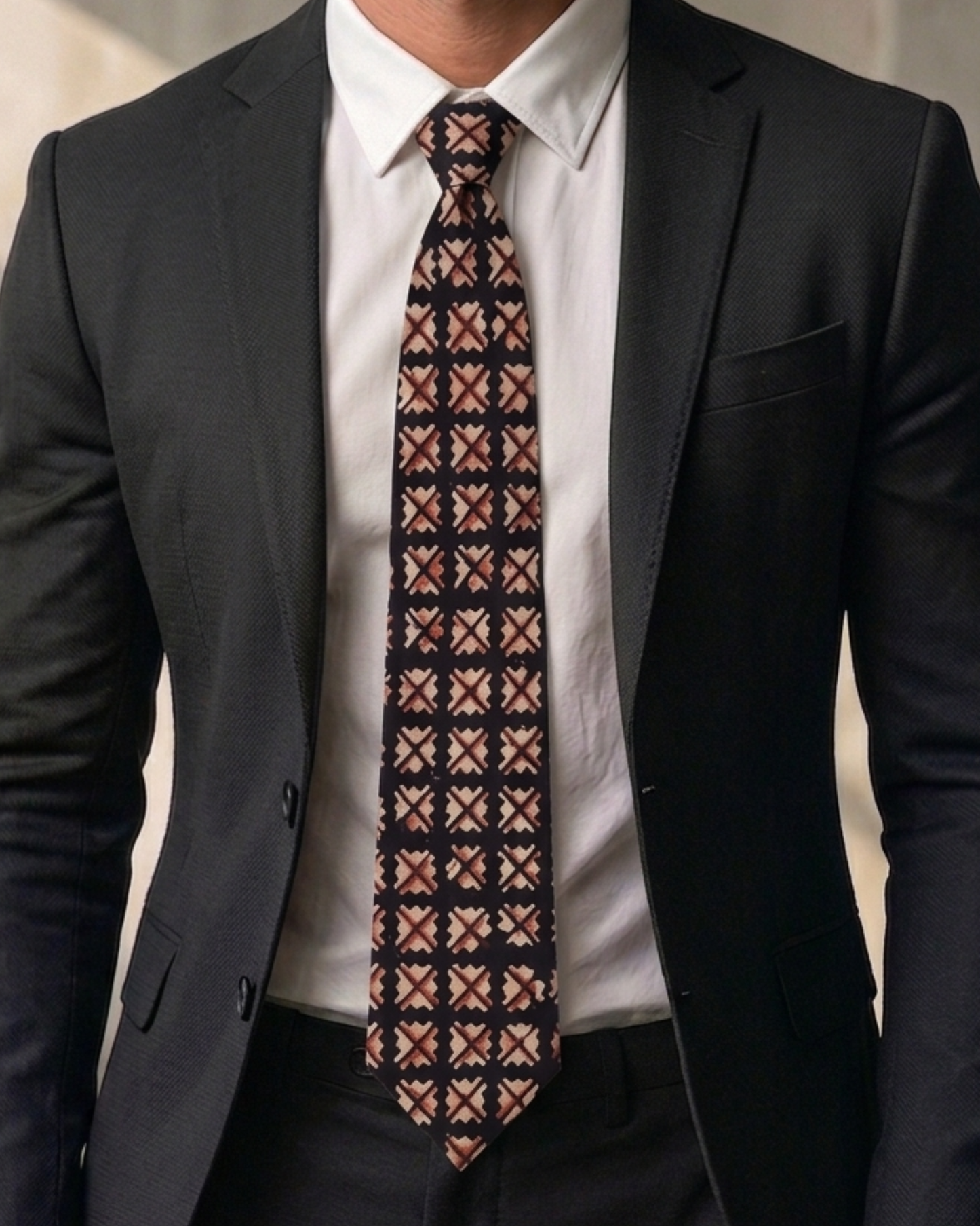 Natural dye hand block print cotton tie with near black base and sand camel burnt rust geometric cross diamond motifs handcrafted in Sindh Pakistan