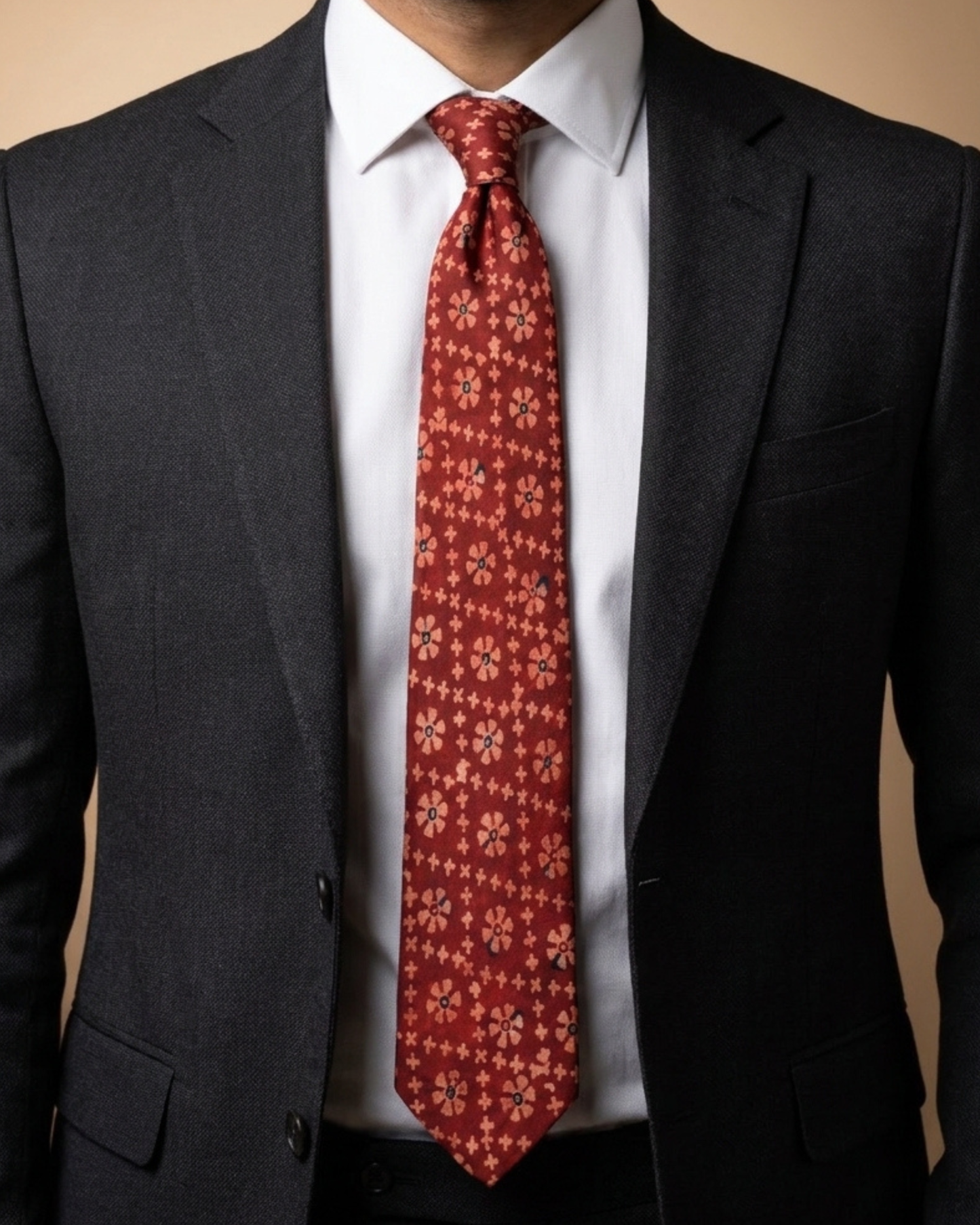Handcrafted natural dye block print silk necktie in maroon with traditional floral pattern, premium artisan men's formal tie.