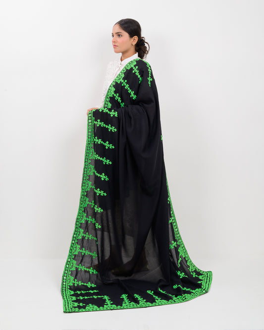 Woman wearing a black color with green hurmich embroidery shawl on a white background