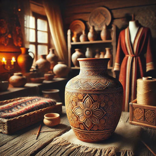 Handcrafted ceramic vase with intricate traditional patterns placed on a rustic wooden table, set against the backdrop of a cozy artisan workshop filled with handmade textiles, pottery, and woven baskets, illuminated by warm lighting.