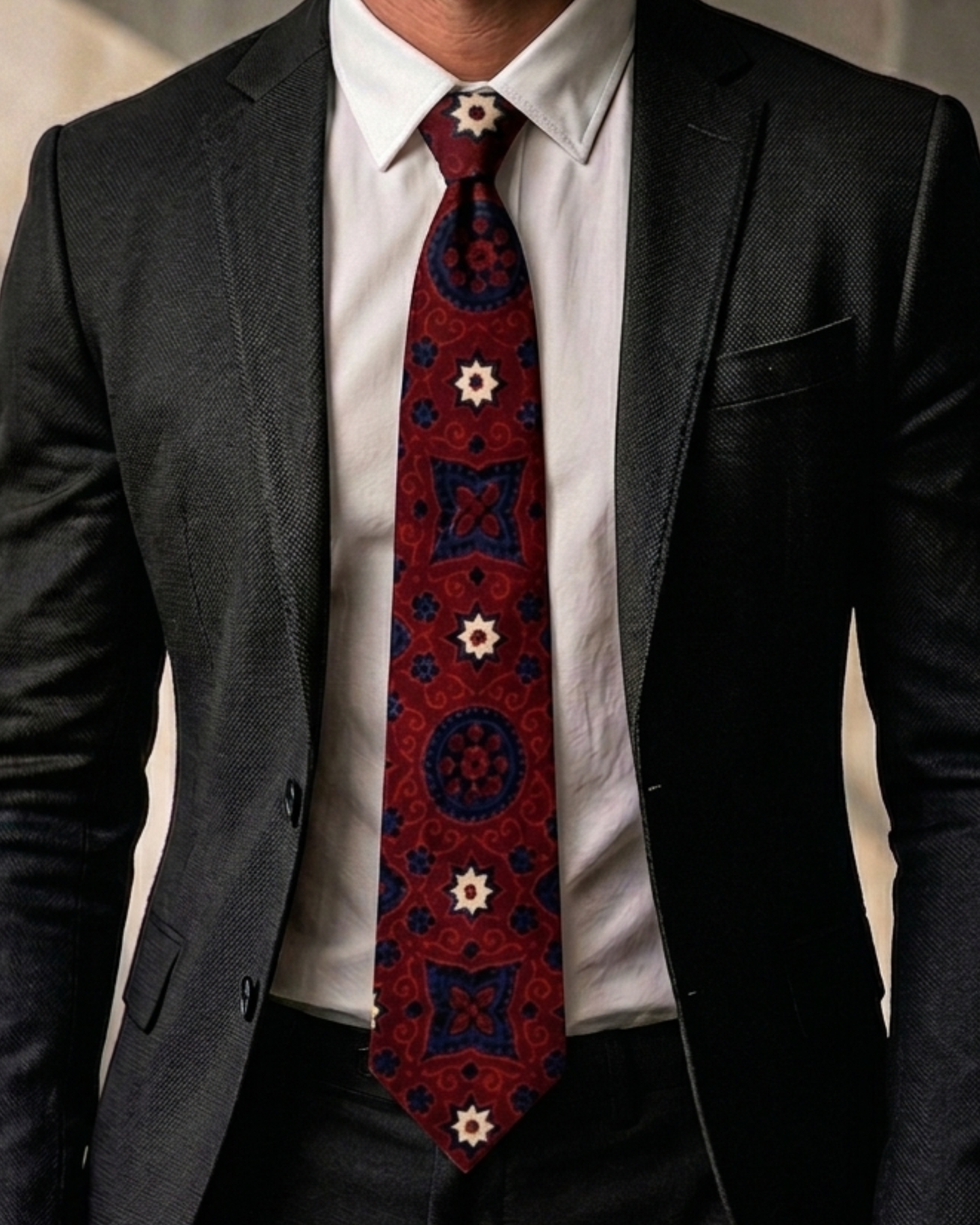 Ajrak hand block print cotton tie in crimson red with indigo geometric medallions and floral motifs, handcrafted in Sindh Pakistan