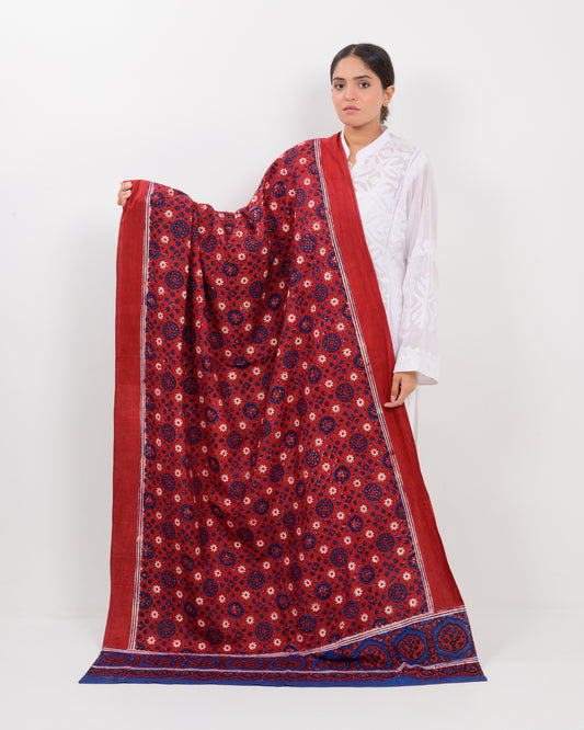 Woman holding a Sindhi traditional block print ajrak shawl against a white background