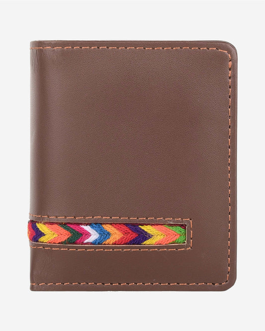 Embroidered Leather Card Holder - Brown