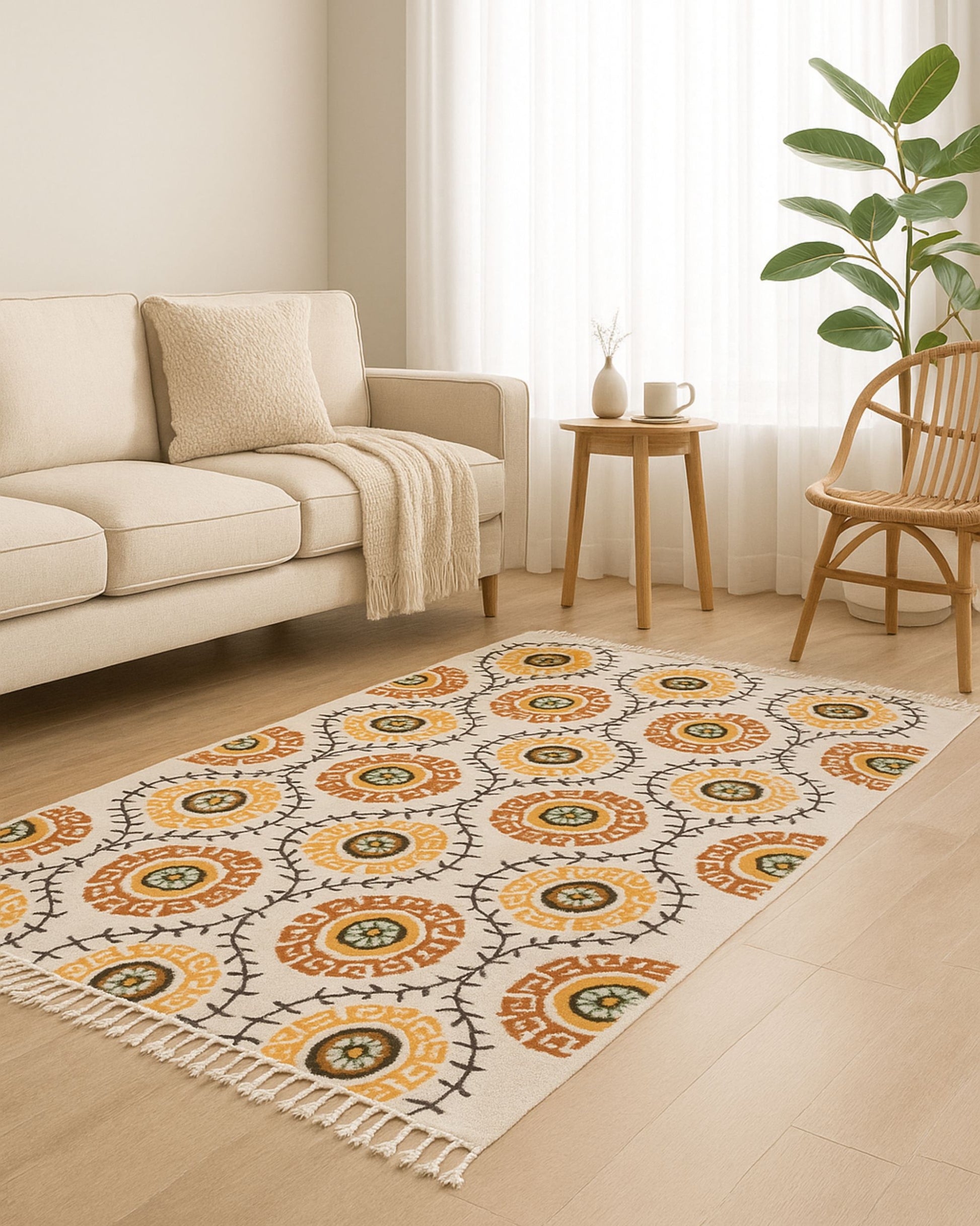 Decorative rug with geometric pattern in a living room setting