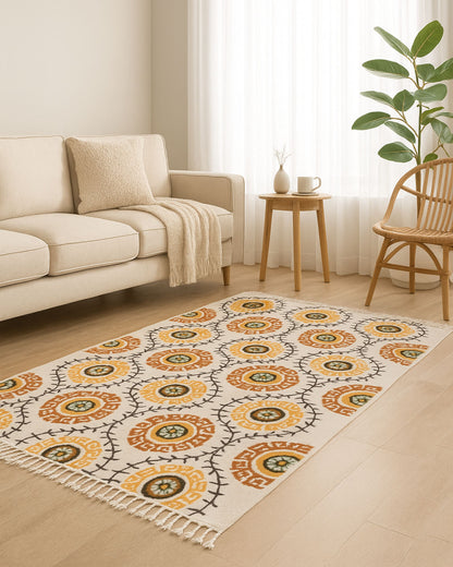 Decorative rug with geometric pattern in a living room setting