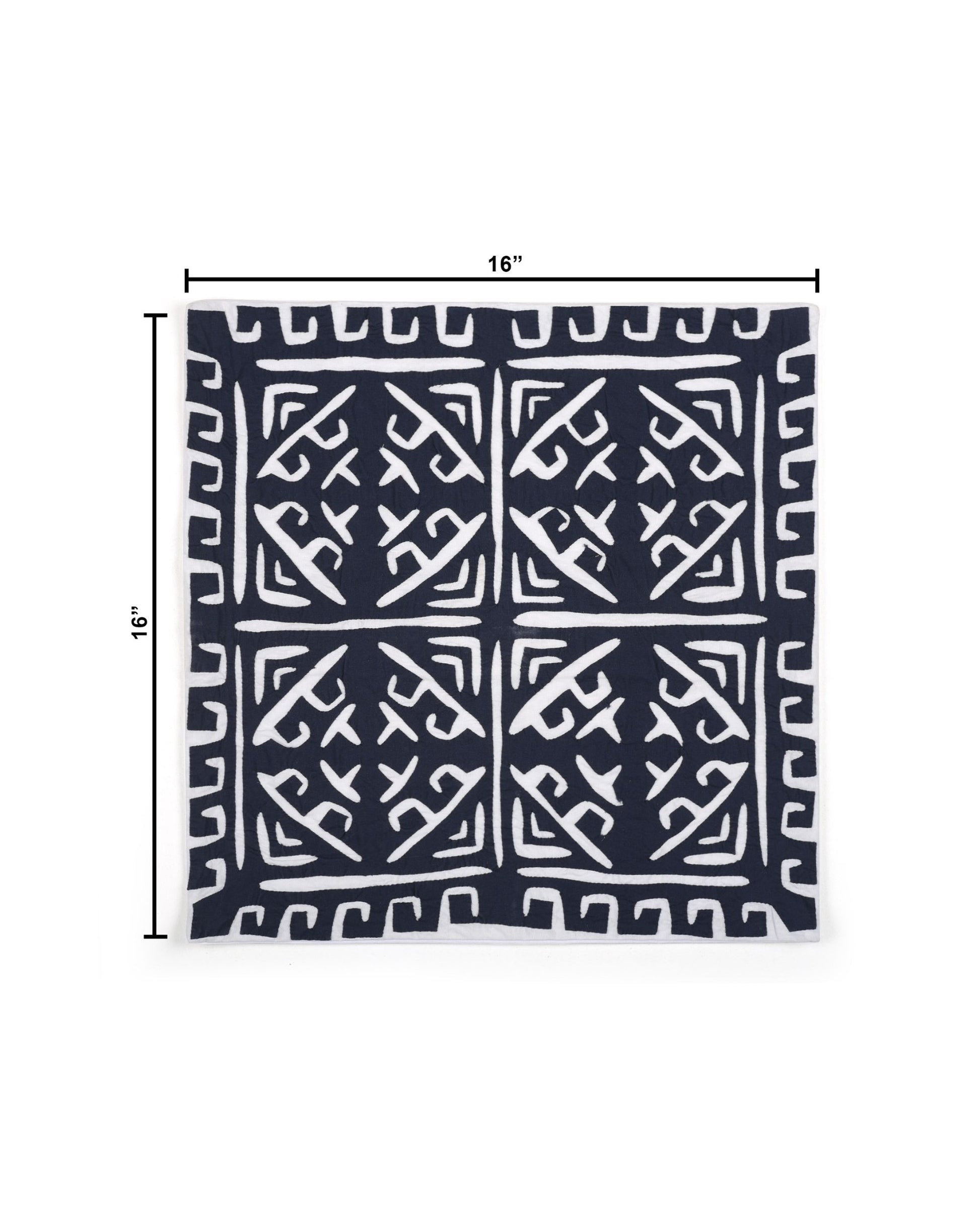 Navy blue fabric with white geometric pattern and measurements on a white background