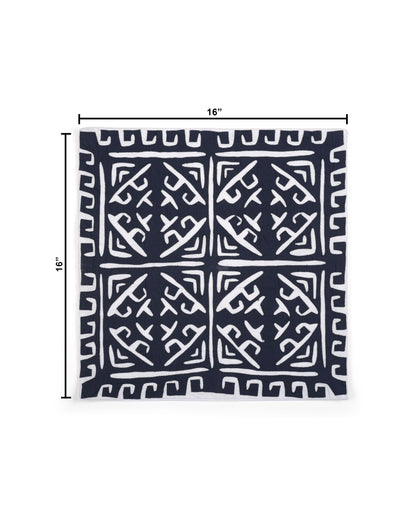 Navy blue fabric with white geometric pattern and measurements on a white background
