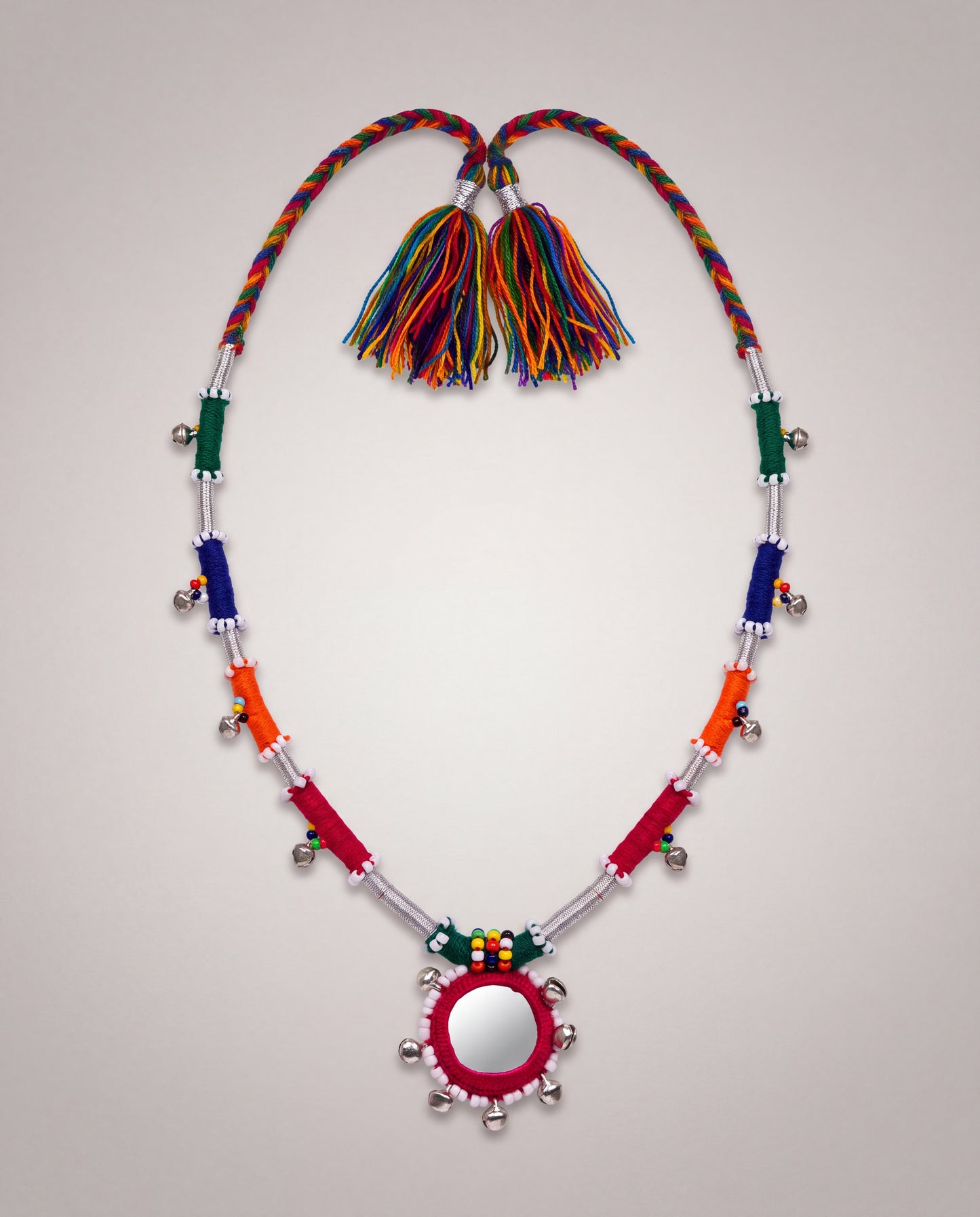 Handcrafted Balochi Mirror Bell Necklace with Colorful Threadwork and Silver Bells