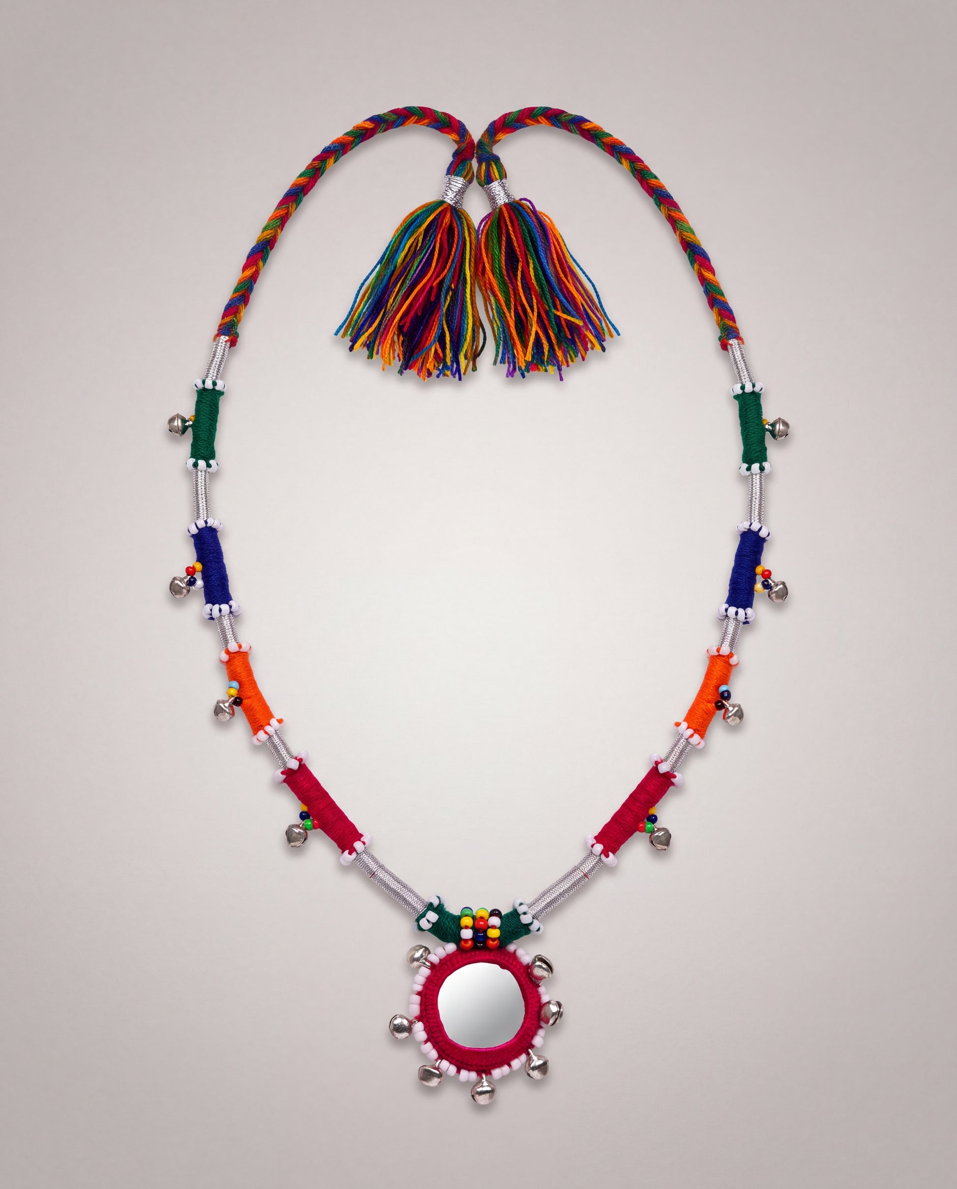 Handcrafted Balochi Mirror Bell Necklace with Colorful Threadwork and Silver Bells