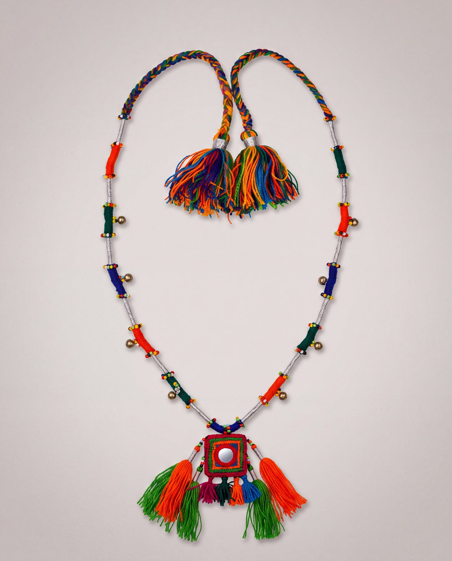 Handcrafted Balochi Tassel Mirror Necklace with Colorful Tassels and Silver Bells