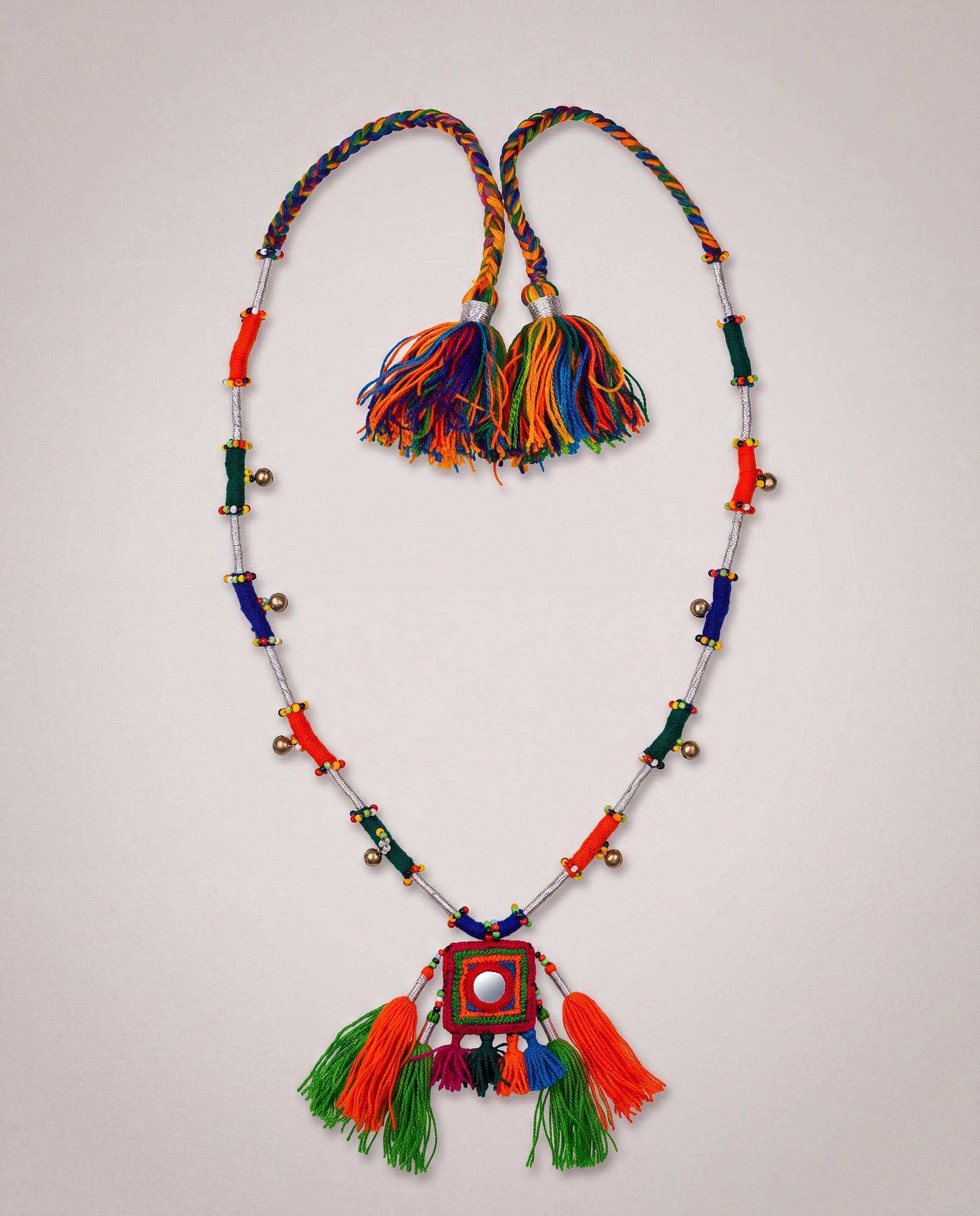Handcrafted Balochi Tassel Mirror Necklace with Colorful Tassels and Silver Bells