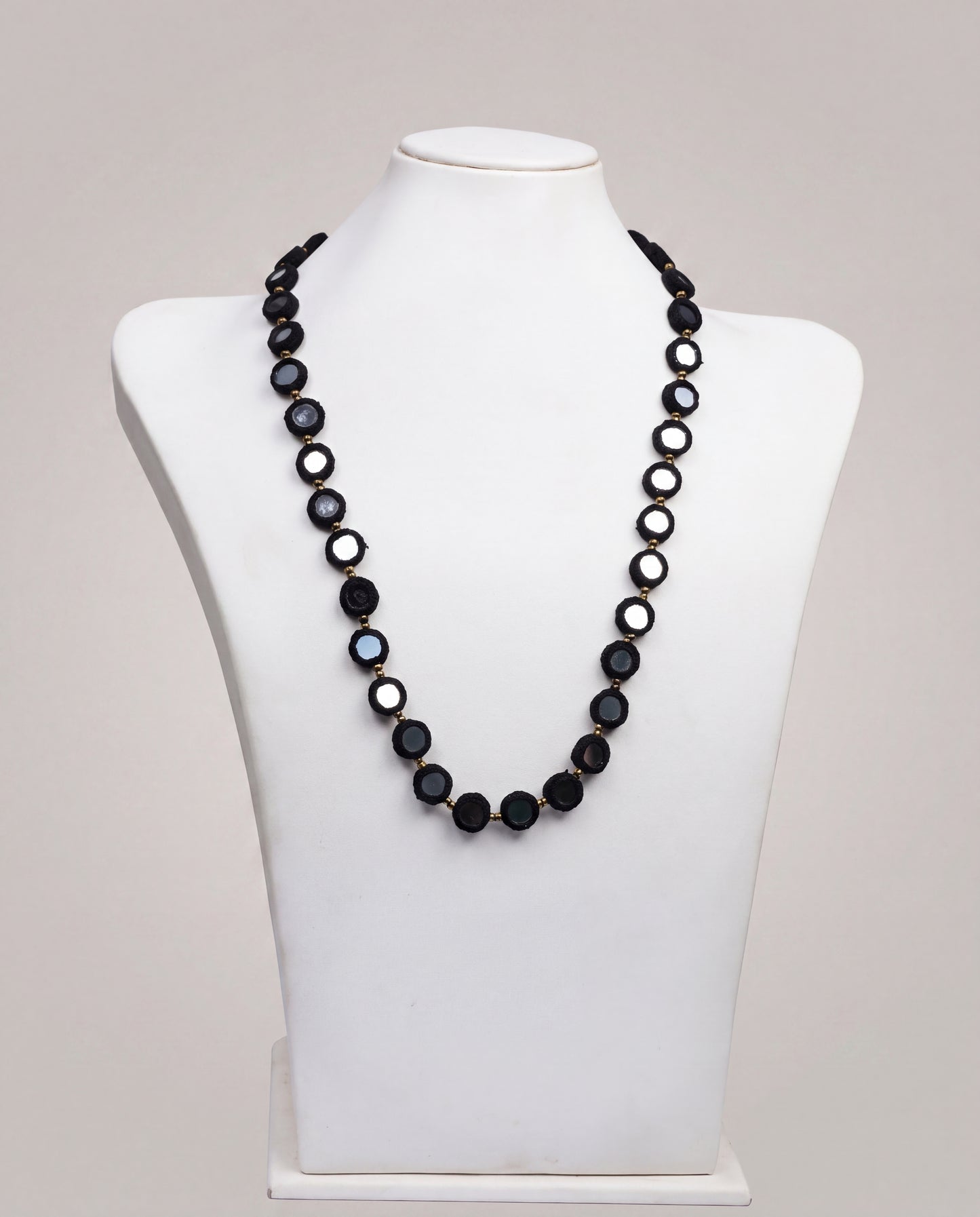 Handcrafted Balochi Mirror Work Crochet Necklace in Black with Brass Beads
