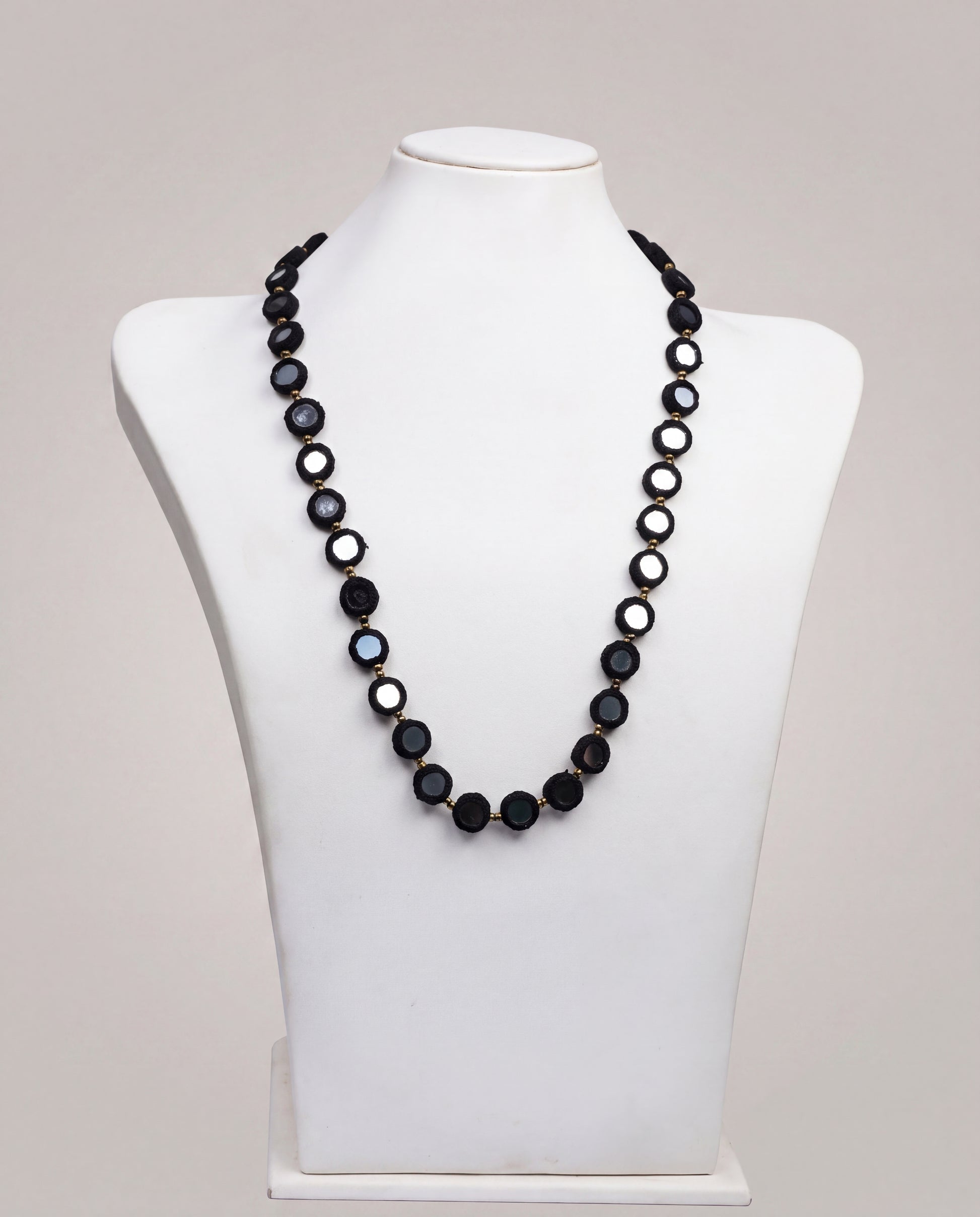 Handcrafted Balochi Mirror Work Crochet Necklace in Black with Brass Beads