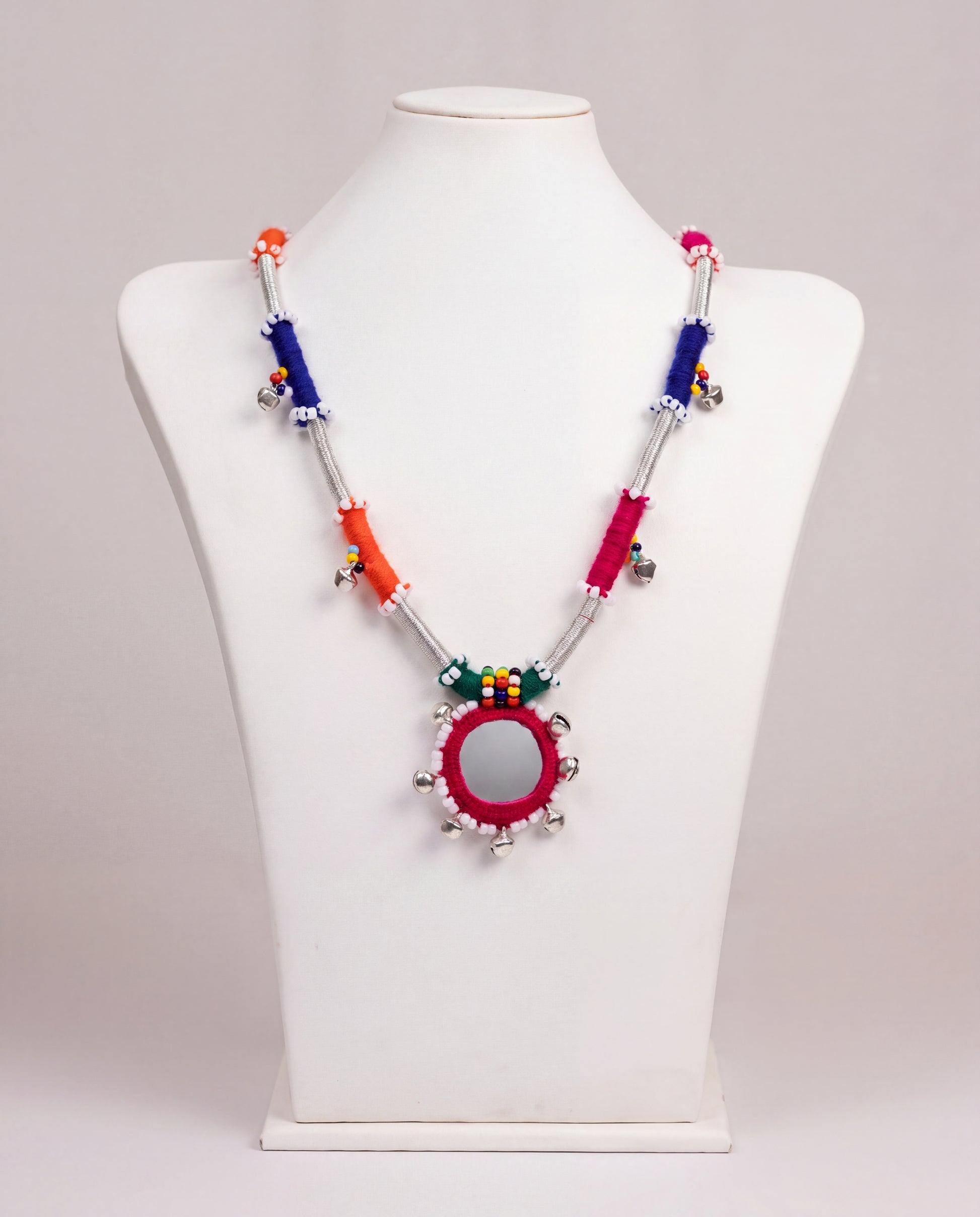 Handcrafted Balochi Mirror Bell Necklace with Colorful Threadwork and Silver Bells