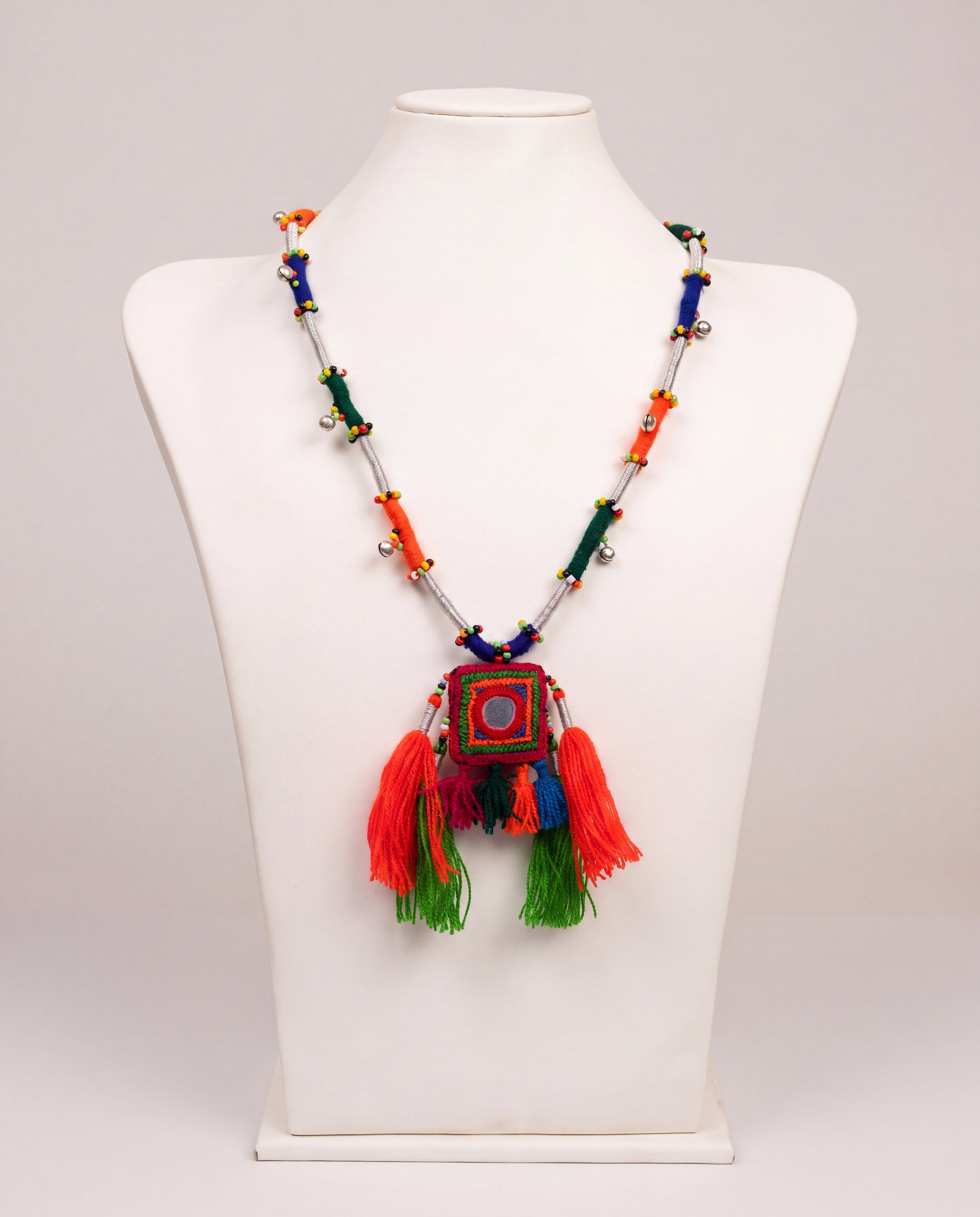 Handcrafted Balochi Tassel Mirror Necklace with Colorful Tassels and Silver Bells