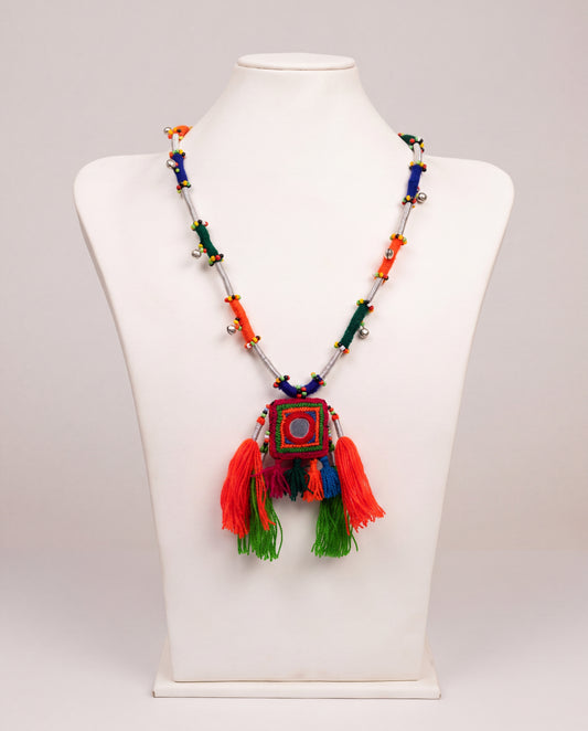 Handcrafted Balochi Tassel Mirror Necklace with Colorful Tassels and Silver Bells