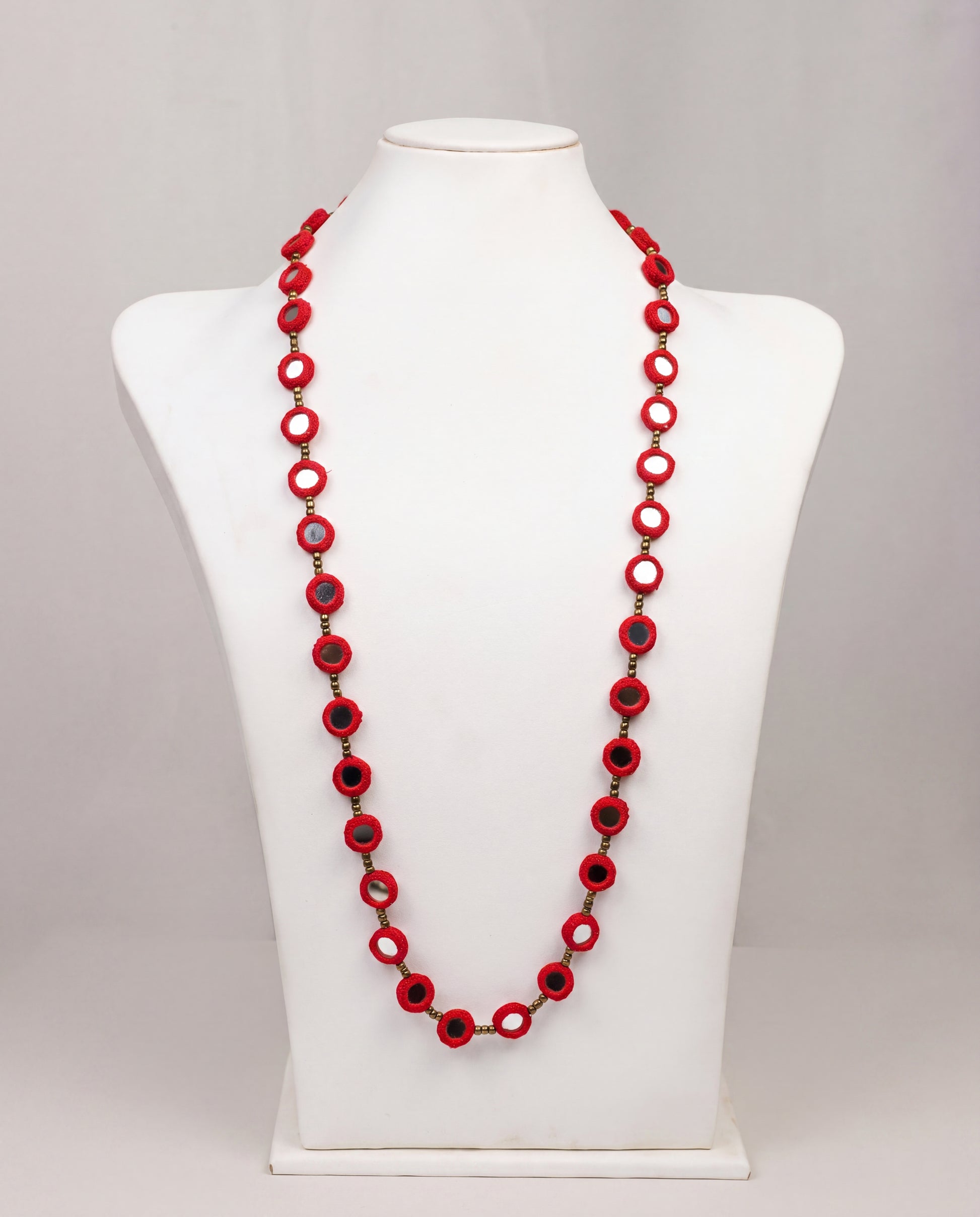 Handcrafted Red Balochi Mirror Work Crochet Necklace with Brass Beads