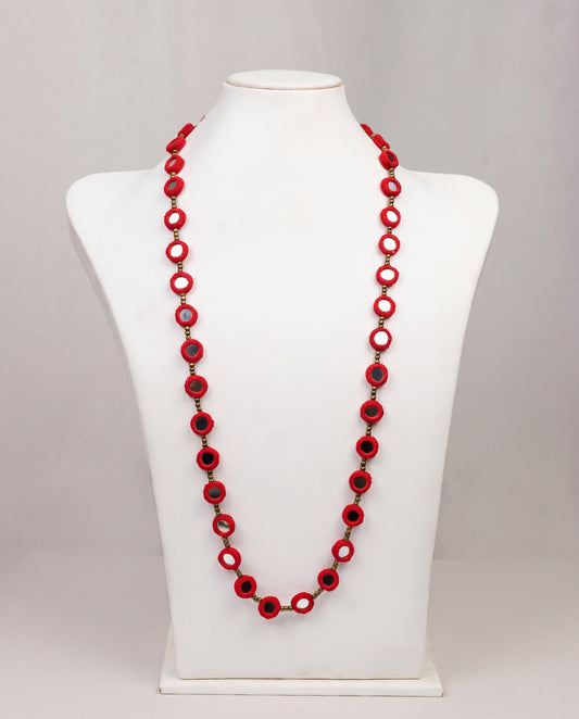 Handcrafted Red Balochi Mirror Work Crochet Necklace with Brass Beads