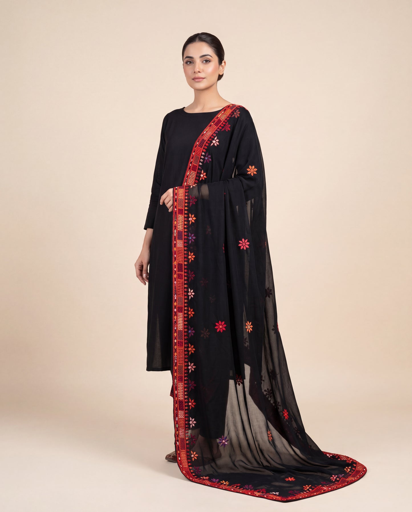 Black Balochi Hand Embroidered Swiss Lawn Shawl