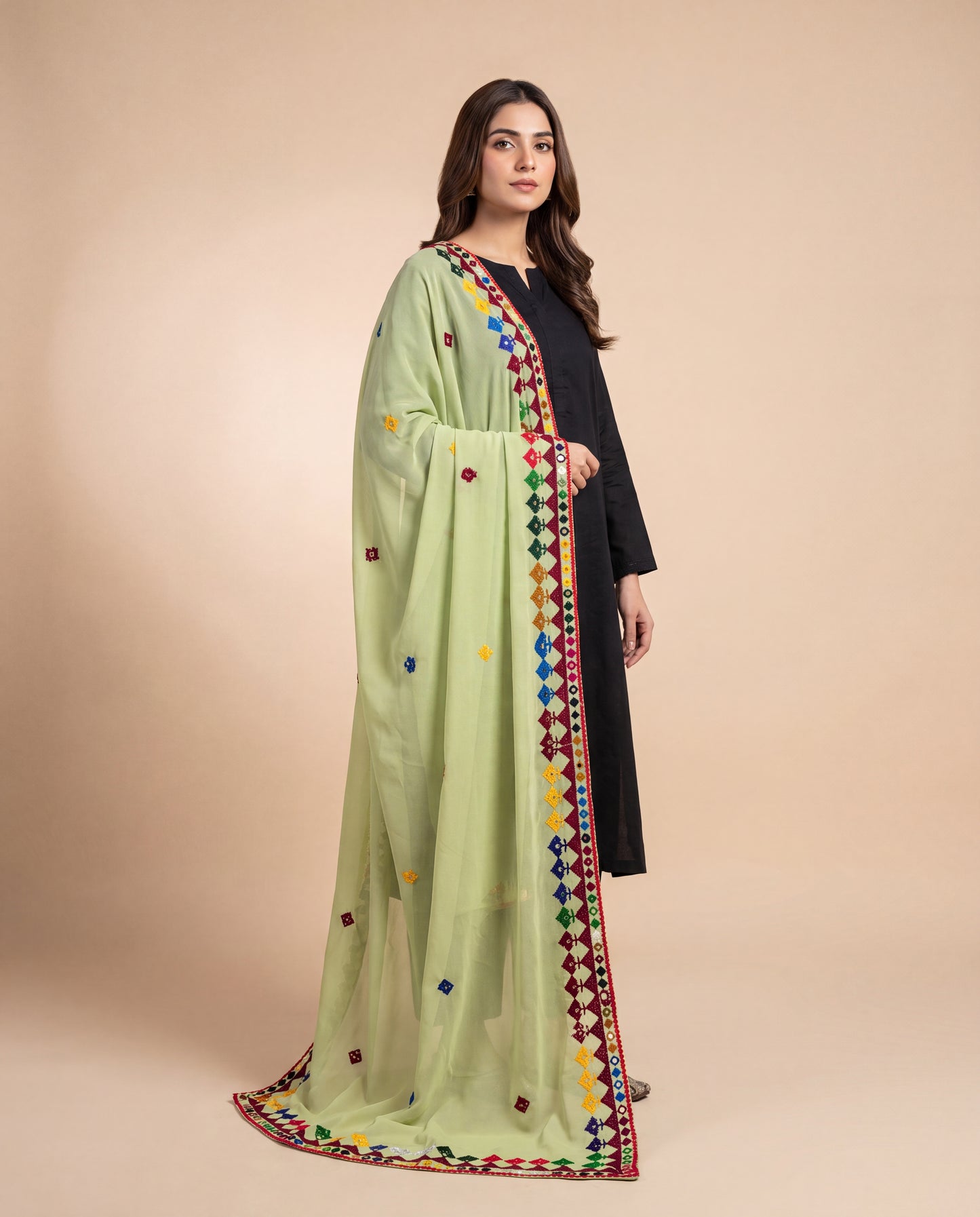 Pistachio Green Hurmich Hand Embroidered Swiss Lawn Shawl