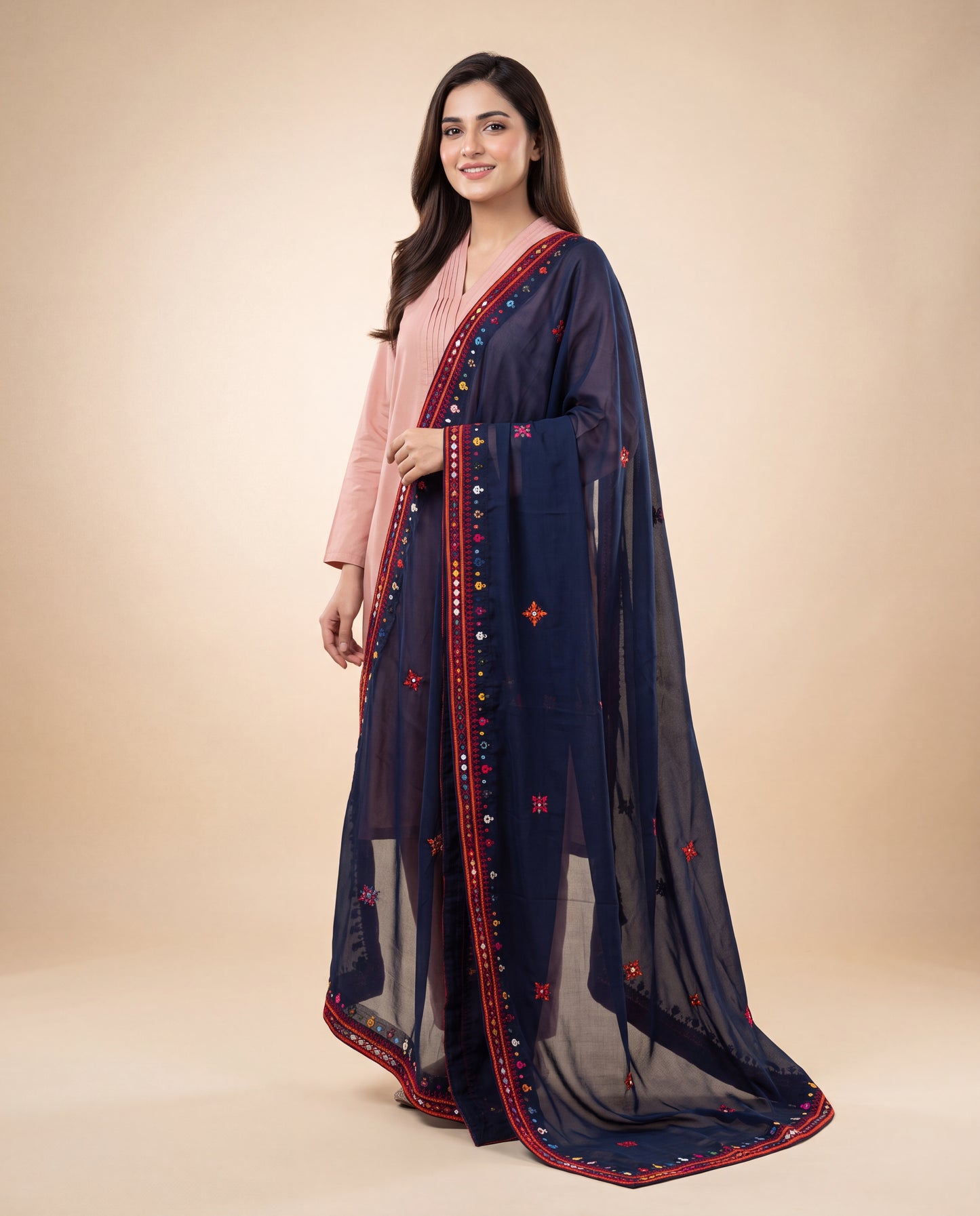 Navy Balochi Hand Embroidered Swiss Lawn Shawl