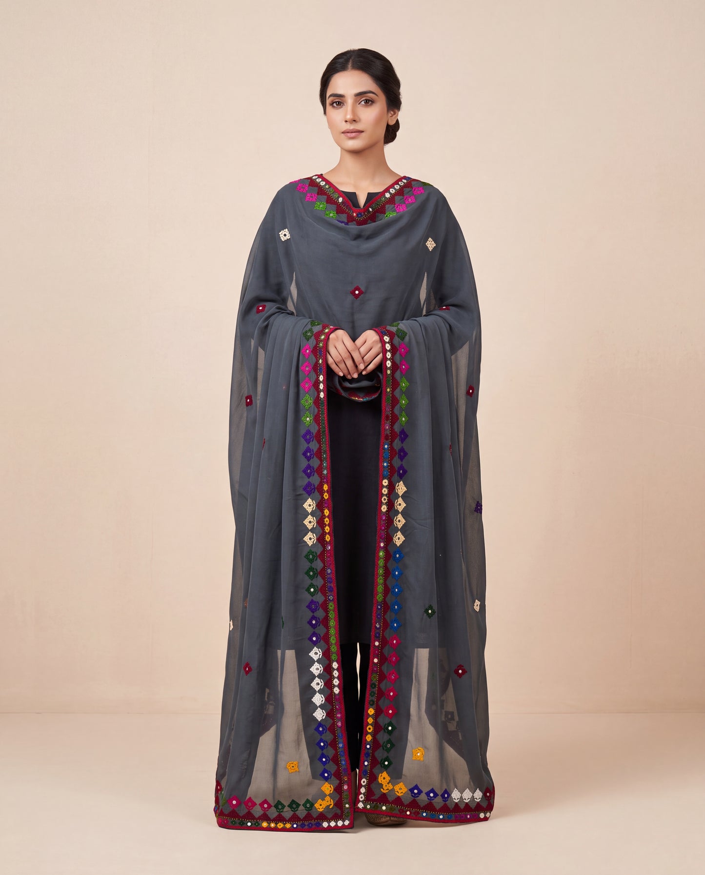 Charcoal Grey Hurmich Hand Embroidered Swiss Lawn Shawl