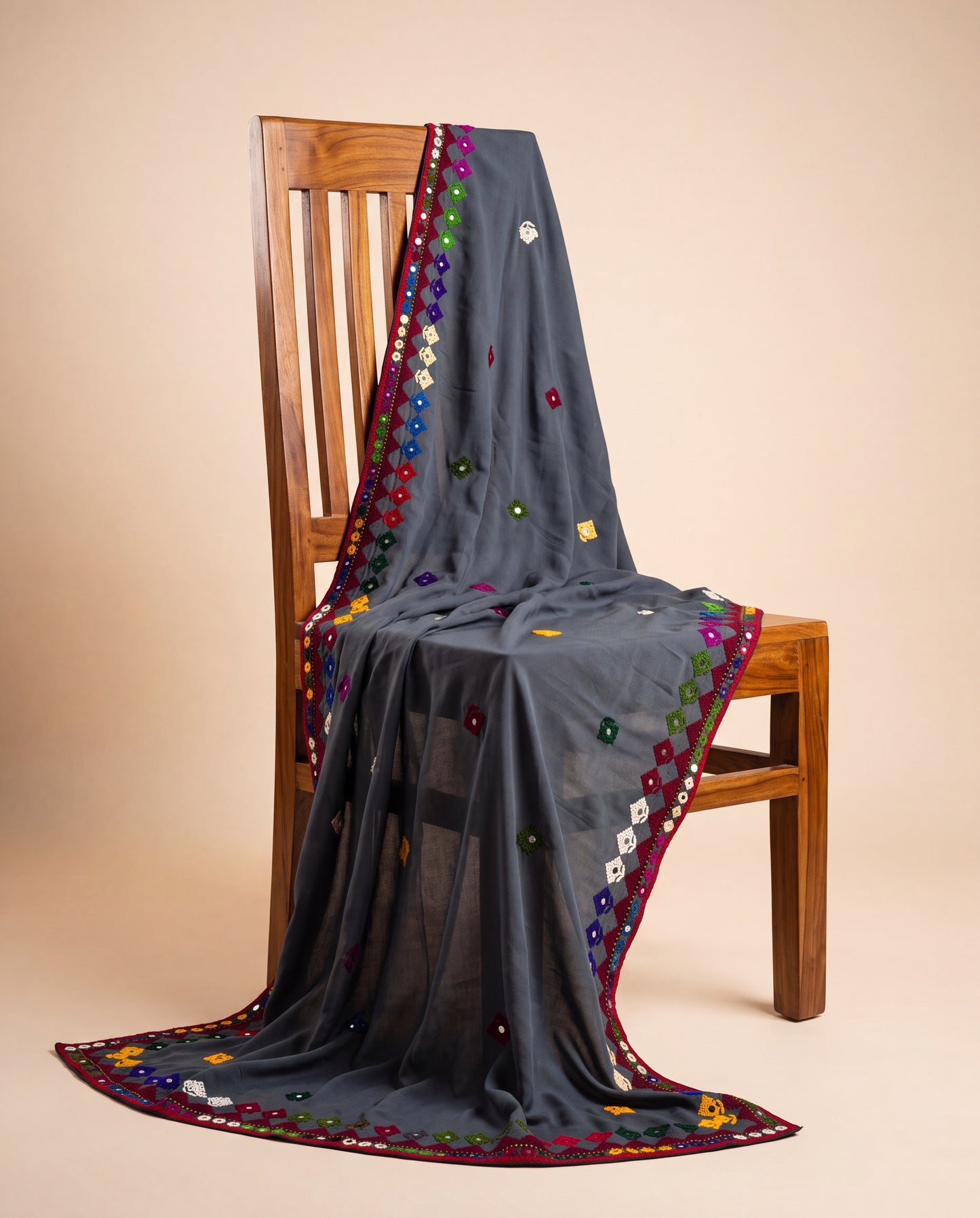 Charcoal Grey Hurmich Hand Embroidered Swiss Lawn Shawl