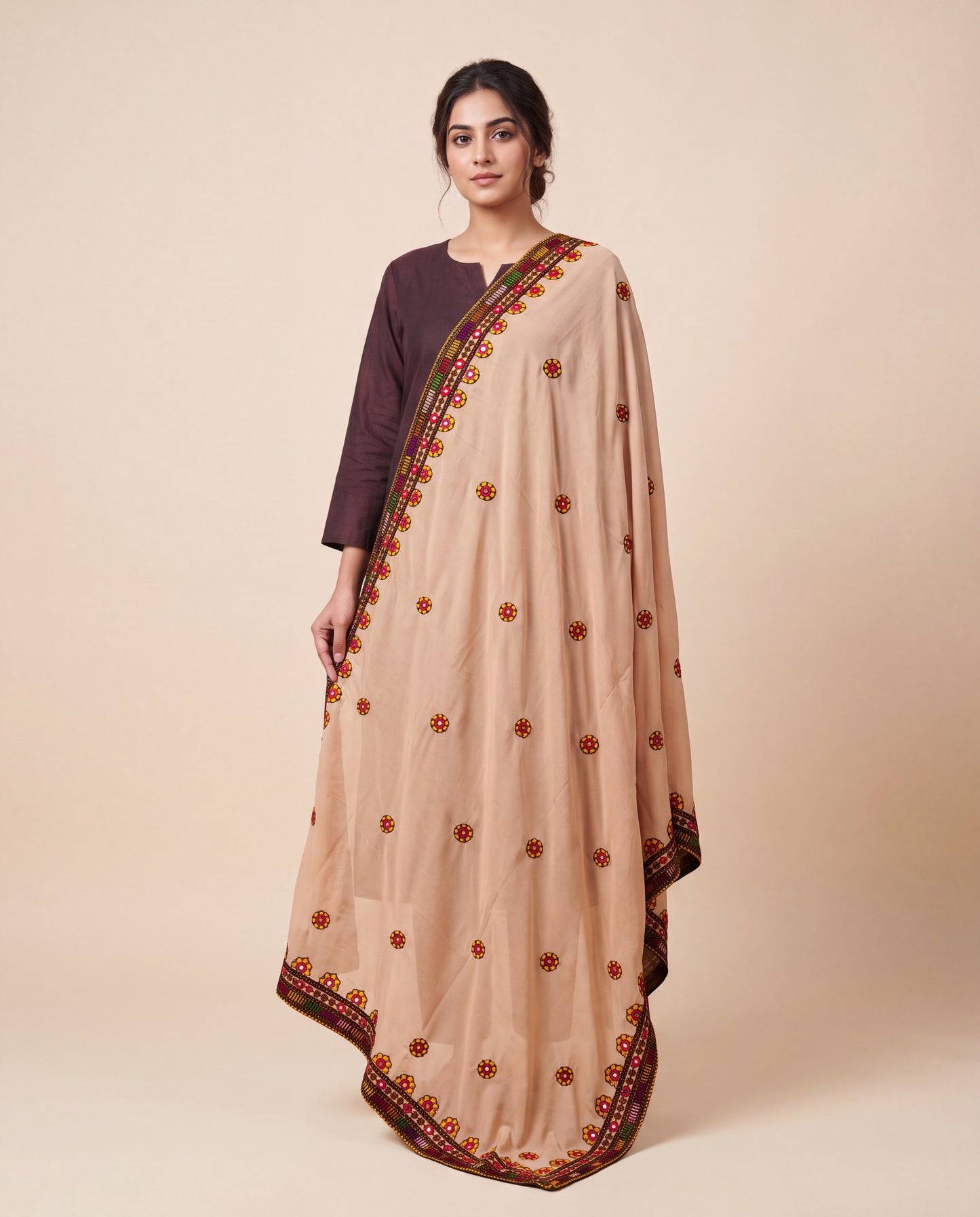 Beige Balochi Hand Embroidered Swiss Lawn Shawl