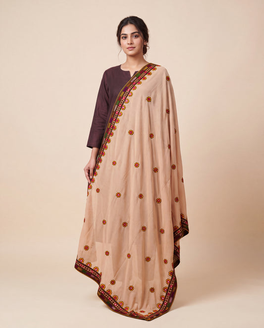 Beige Balochi Hand Embroidered Swiss Lawn Shawl
