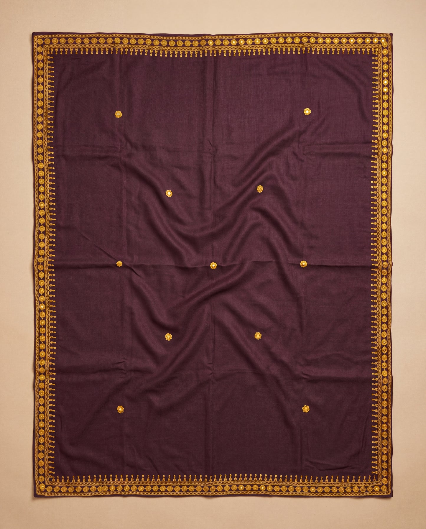 Deep Plum Hand Embroidered Muka Craft Woolen Shawl