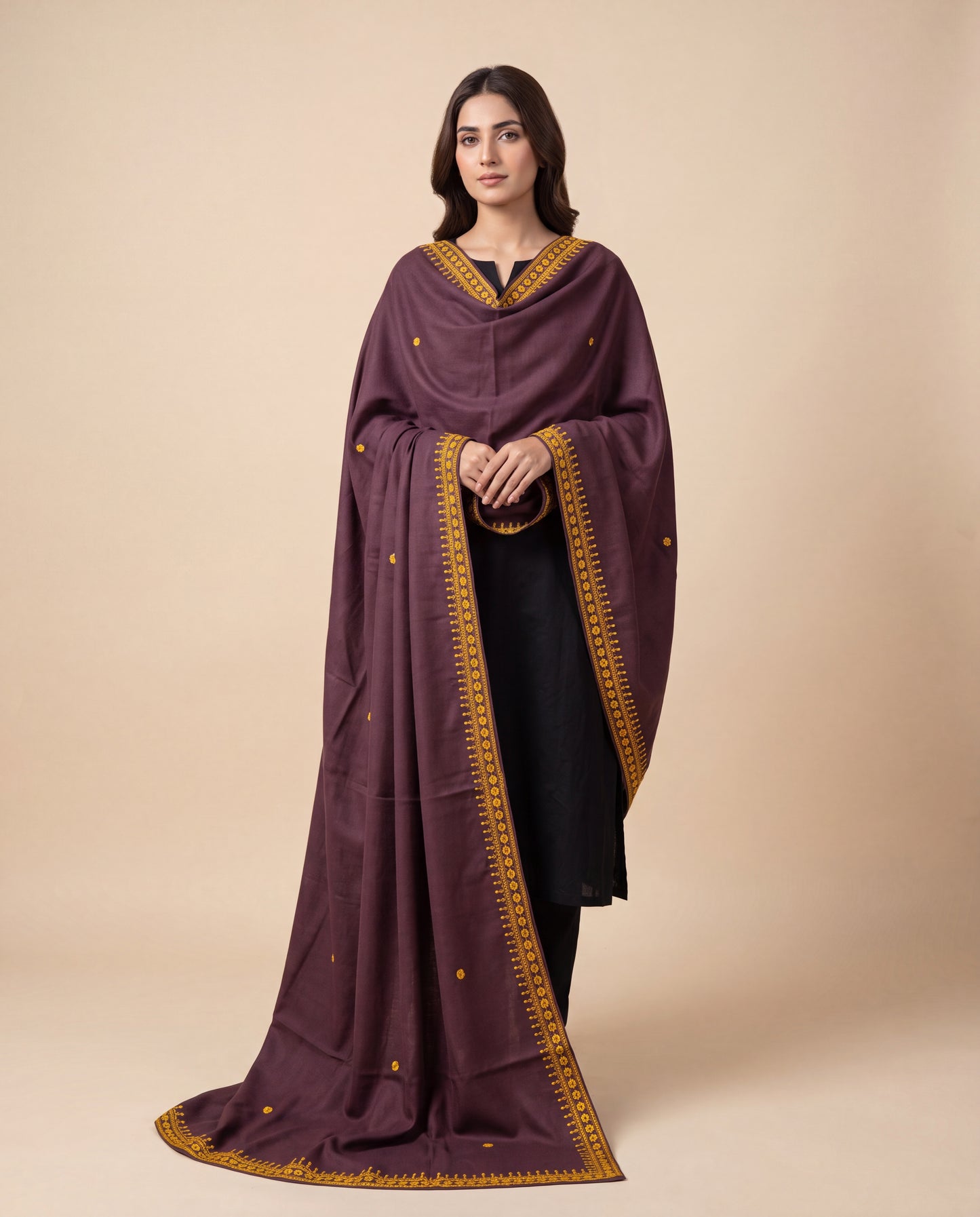 Deep Plum Hand Embroidered Muka Craft Woolen Shawl
