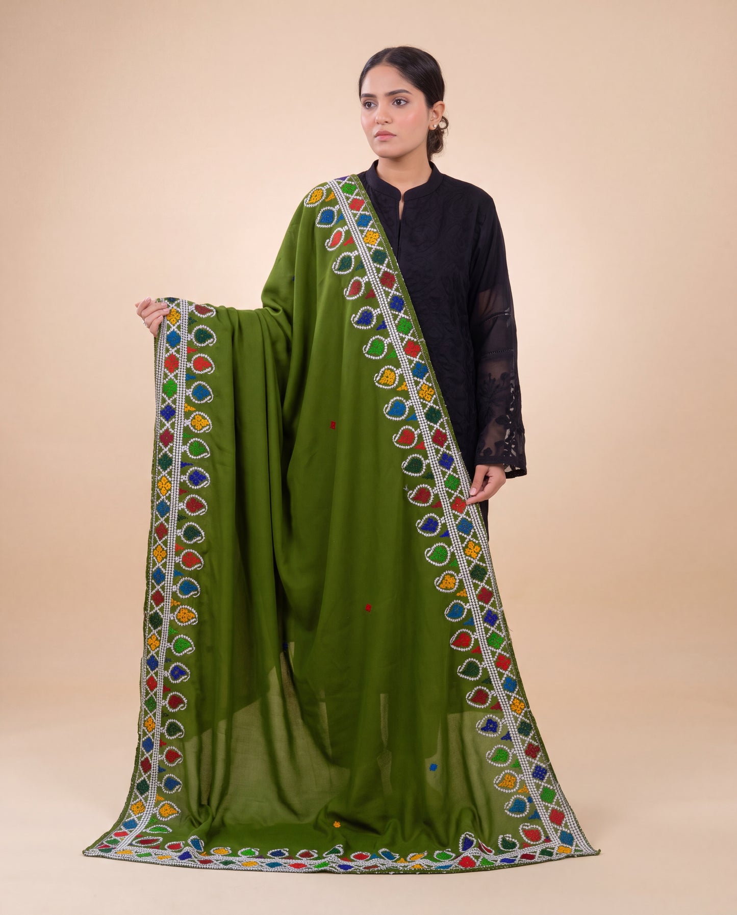 Green Hurmich Mirror Work Swiss Lawn Shawl