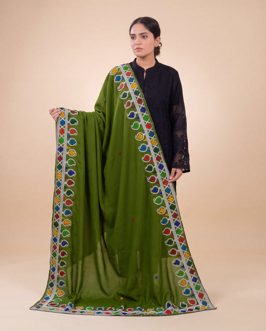 Green Hurmich Mirror Work Swiss Lawn Shawl