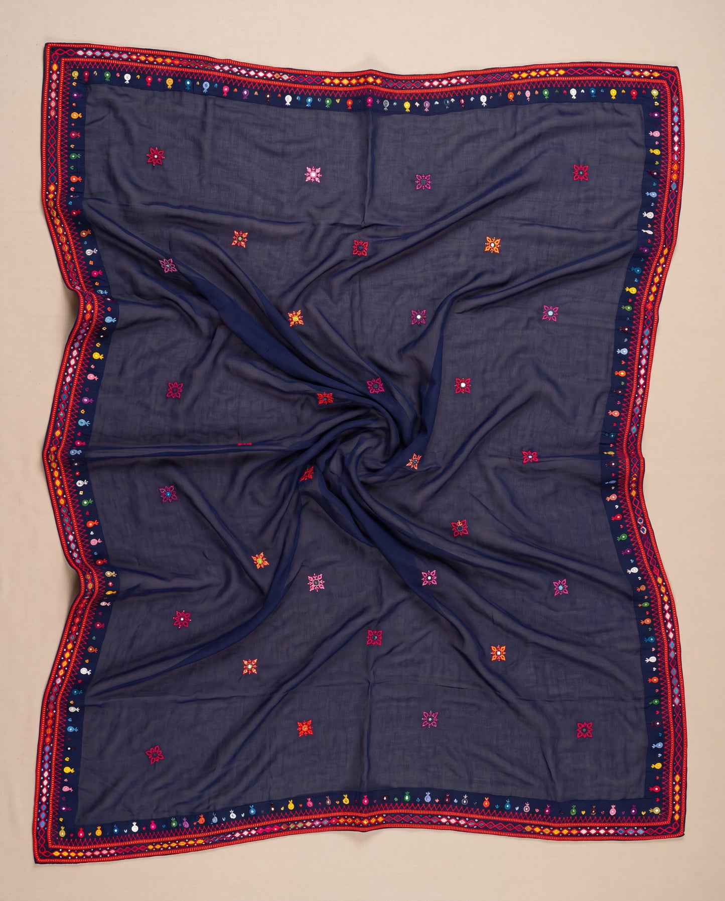 Navy Balochi Hand Embroidered Swiss Lawn Shawl