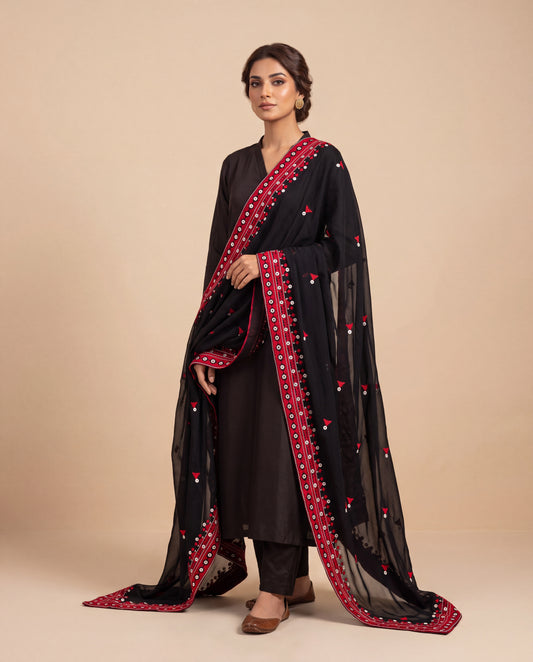 Black Hurmich Hand Embroidered Swiss Lawn Shawl