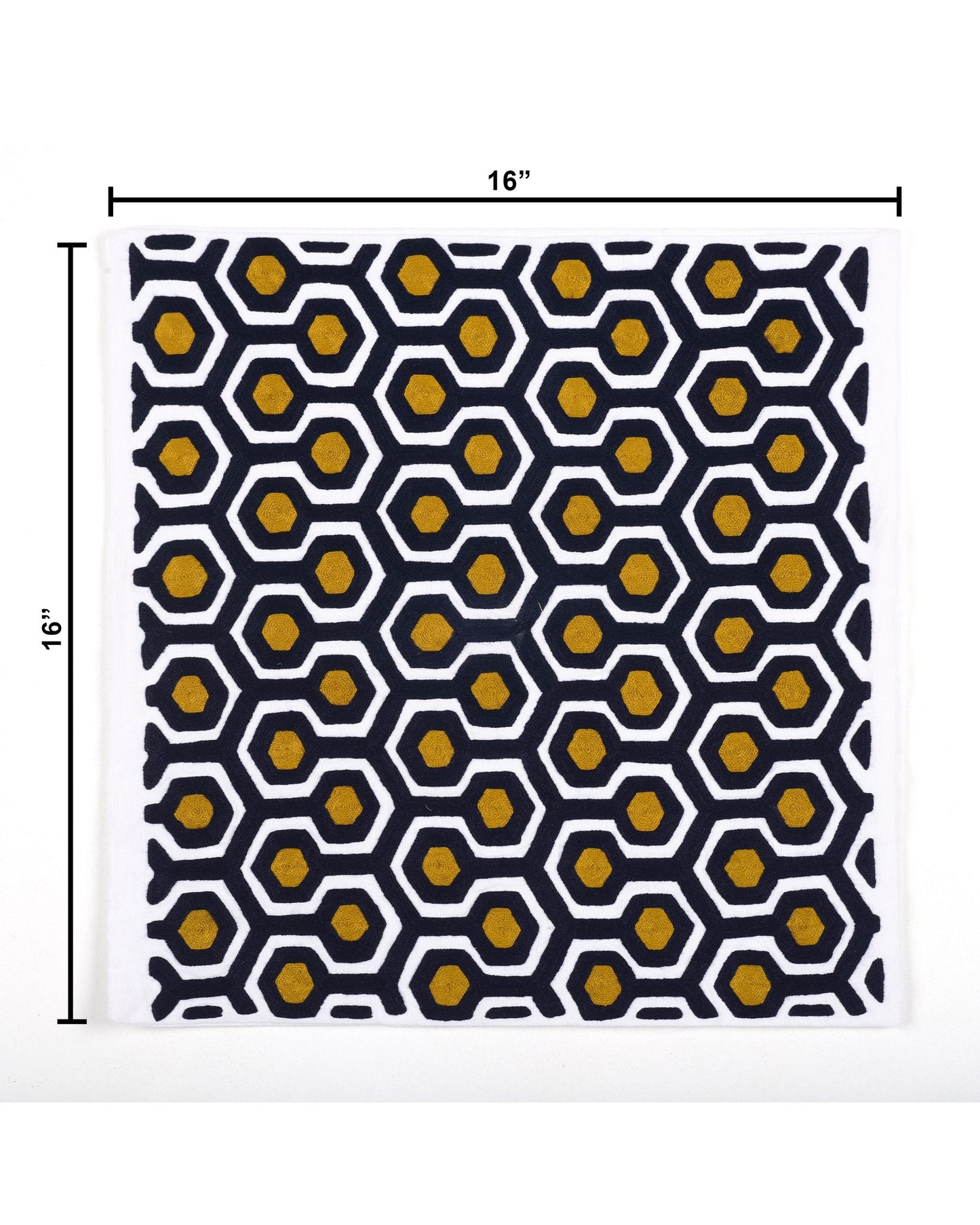 Hexagonal patterned cushion cover fabric with measurements on a white background