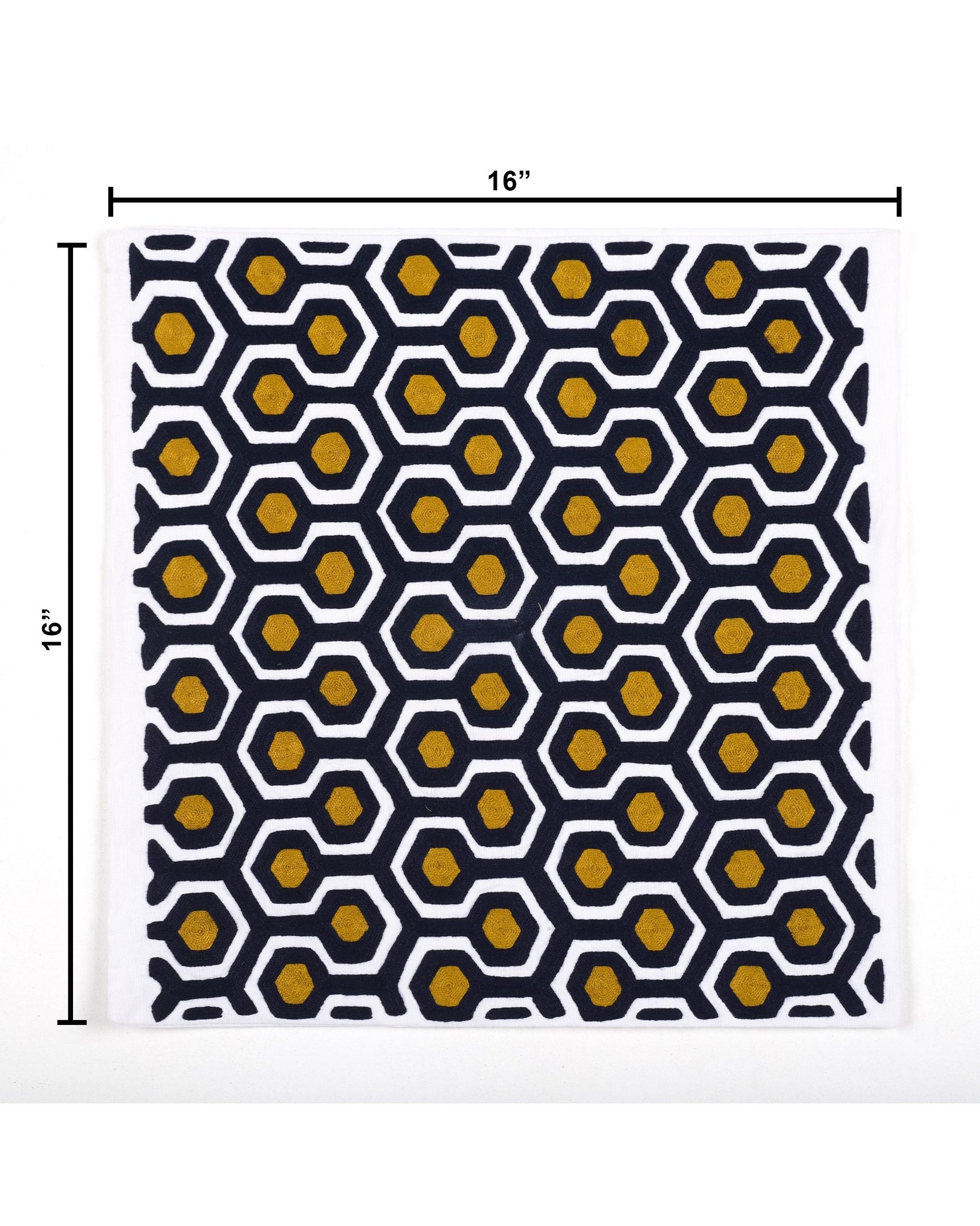 Hexagonal patterned cushion cover fabric with measurements on a white background