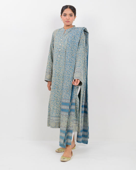 Woman wearing a long, patterned dress with a dupatta against a white background