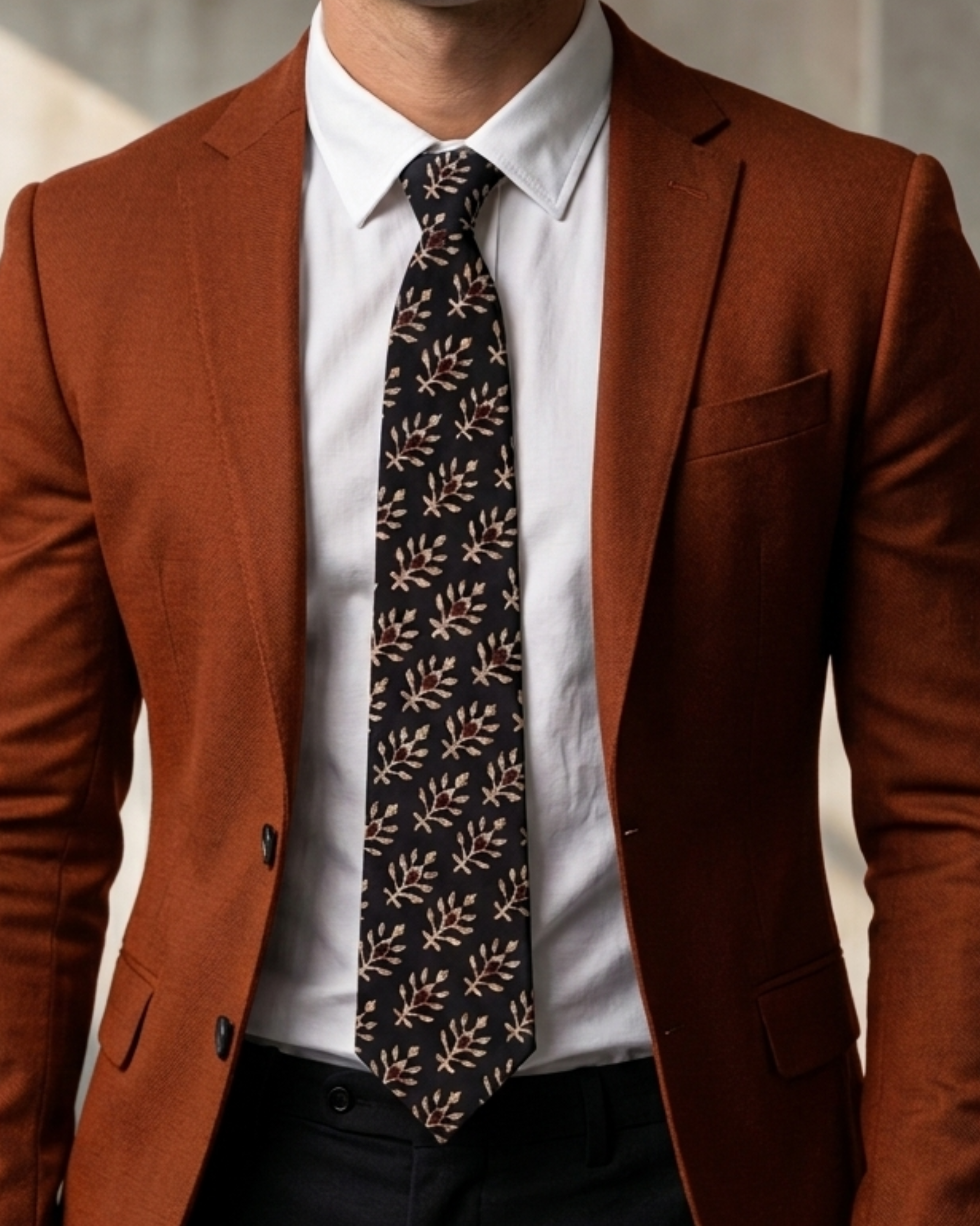 
Natural dye hand block print cotton tie with pure black base and cream botanical leaf sprigs with rust brown flower bud motifs handcrafted in Sindh PakistanYou said: color