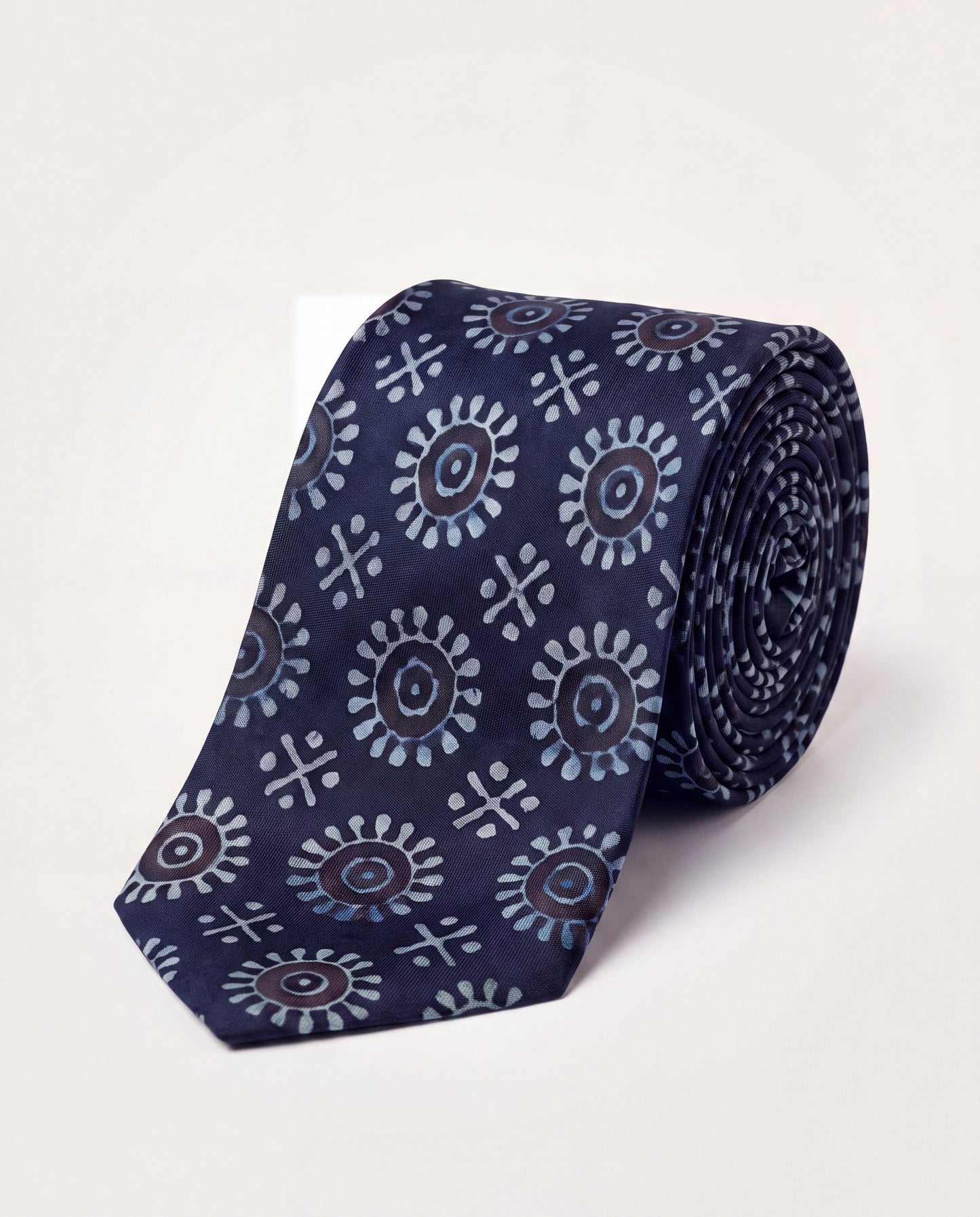 Indigo Blue Tribal Natural Dye Silk Necktie handcrafted with traditional hand block printed motifs on premium silk.