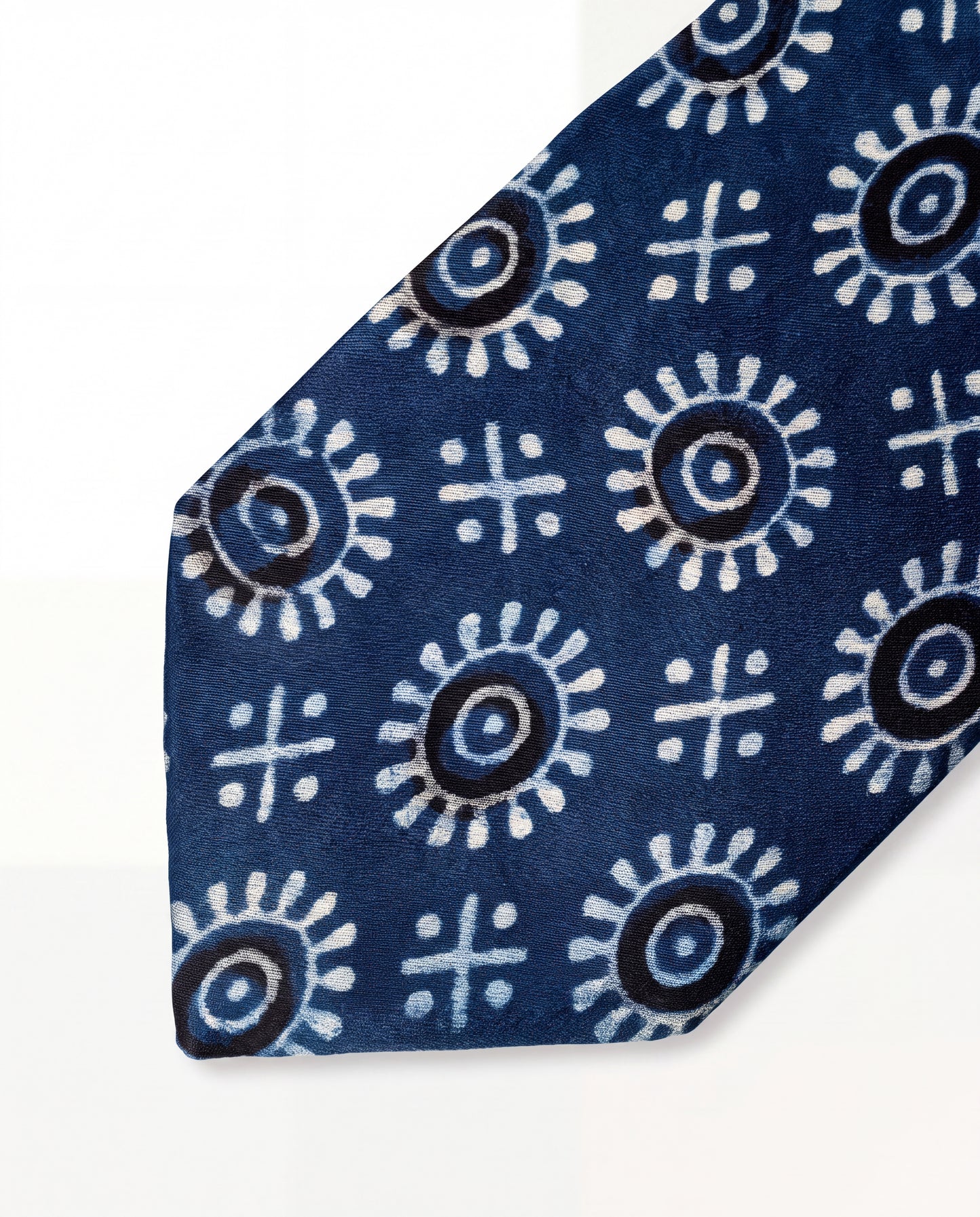 Indigo Blue Tribal Natural Dye Silk Necktie handcrafted with traditional hand block printed motifs on premium silk.