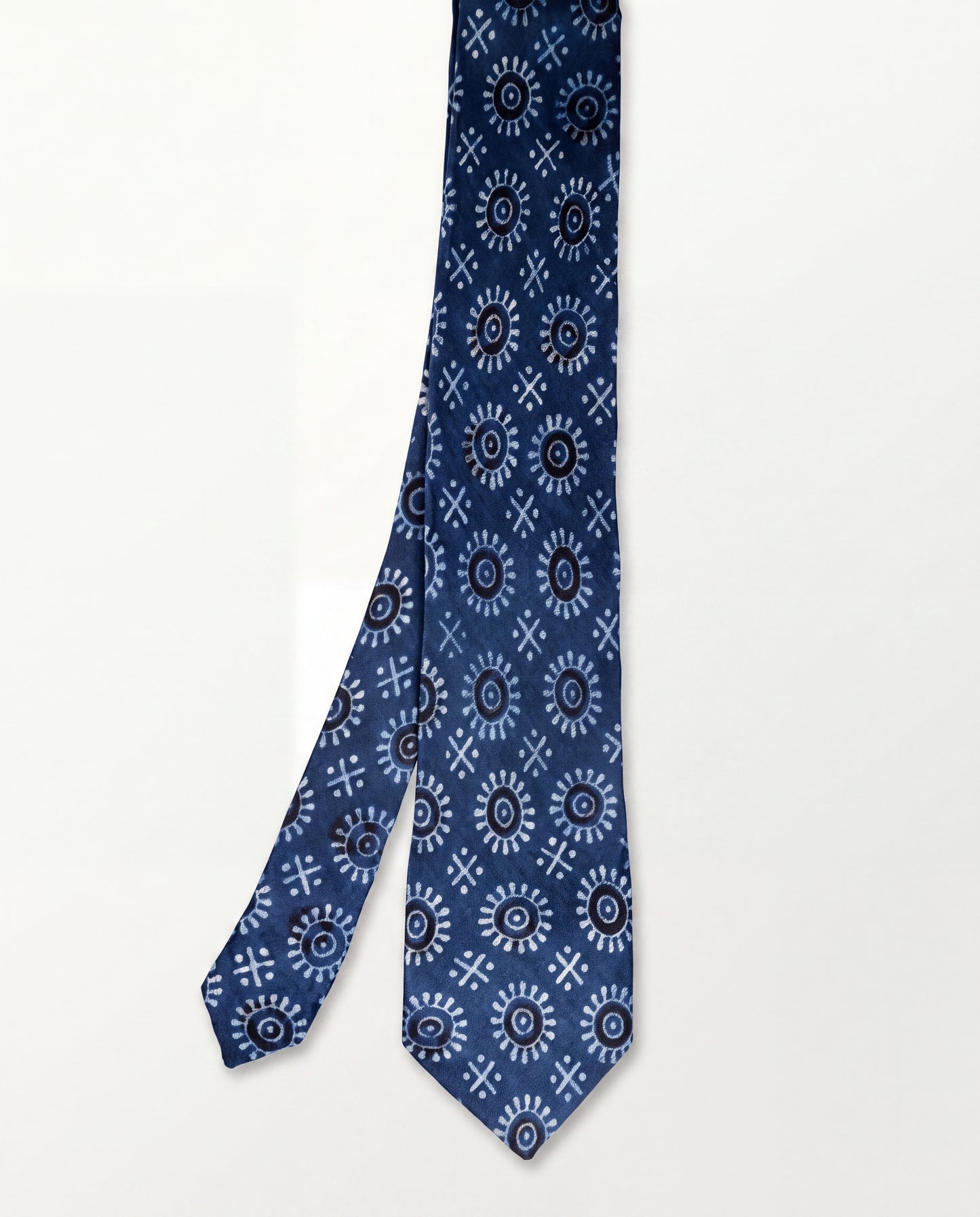 Indigo Blue Tribal Natural Dye Silk Necktie handcrafted with traditional hand block printed motifs on premium silk.